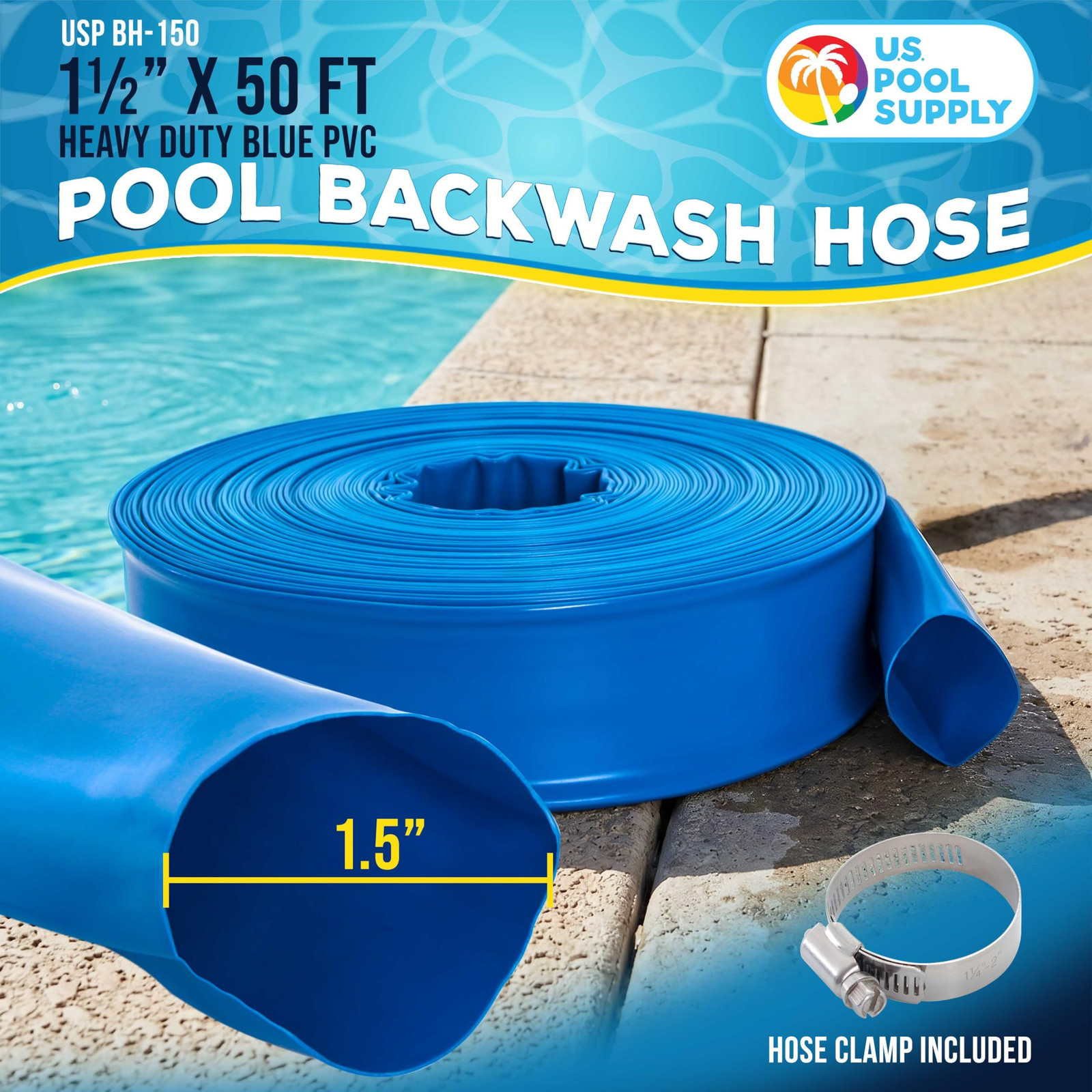 U.S. Pool Supply Backwash Hose 1.5&Prime; x 50&prime; – 1-1/2-inch x 50-Feet, Blue