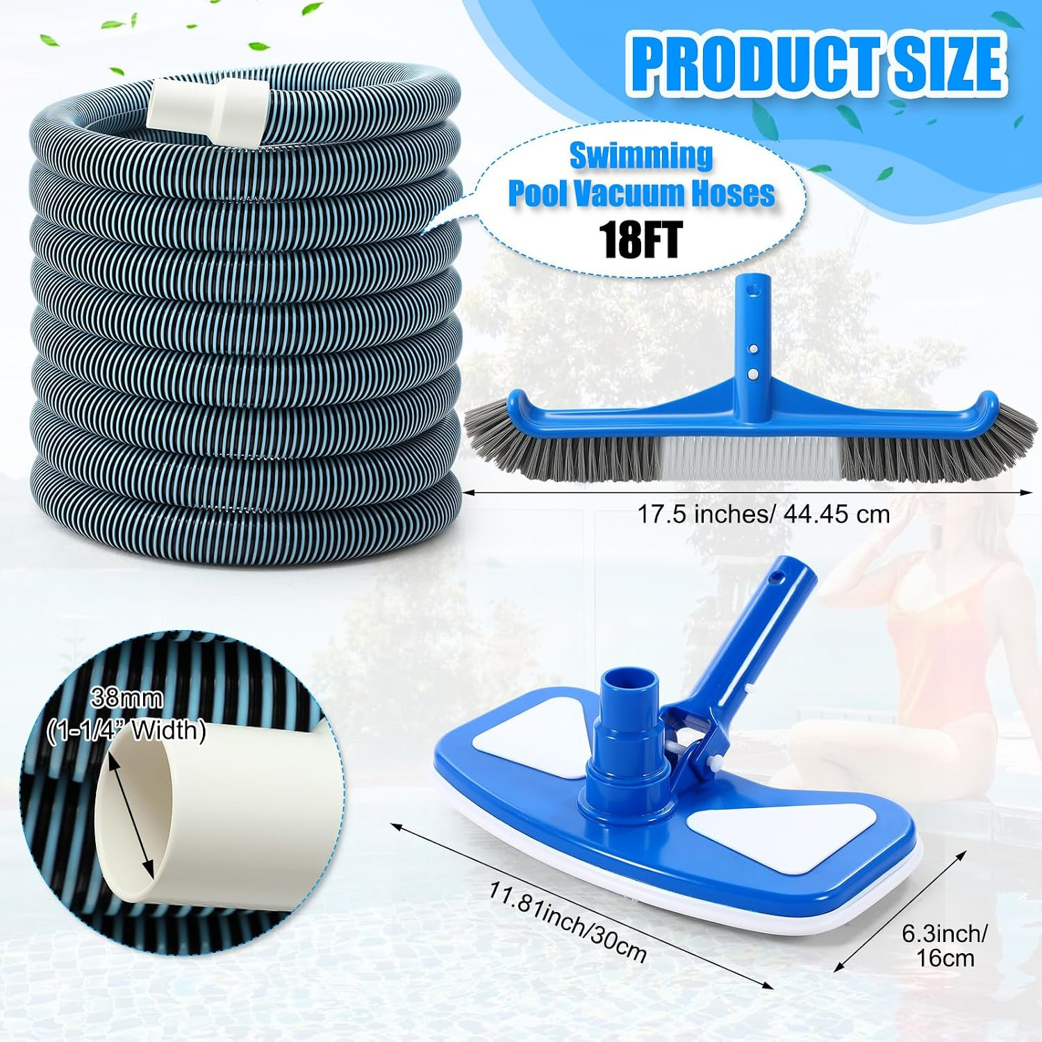 3 Pcs Pool Cleaning Kit Swimming Pool Vacuum Head Hoses 1-1/2&Prime; X 30Ft with Swive