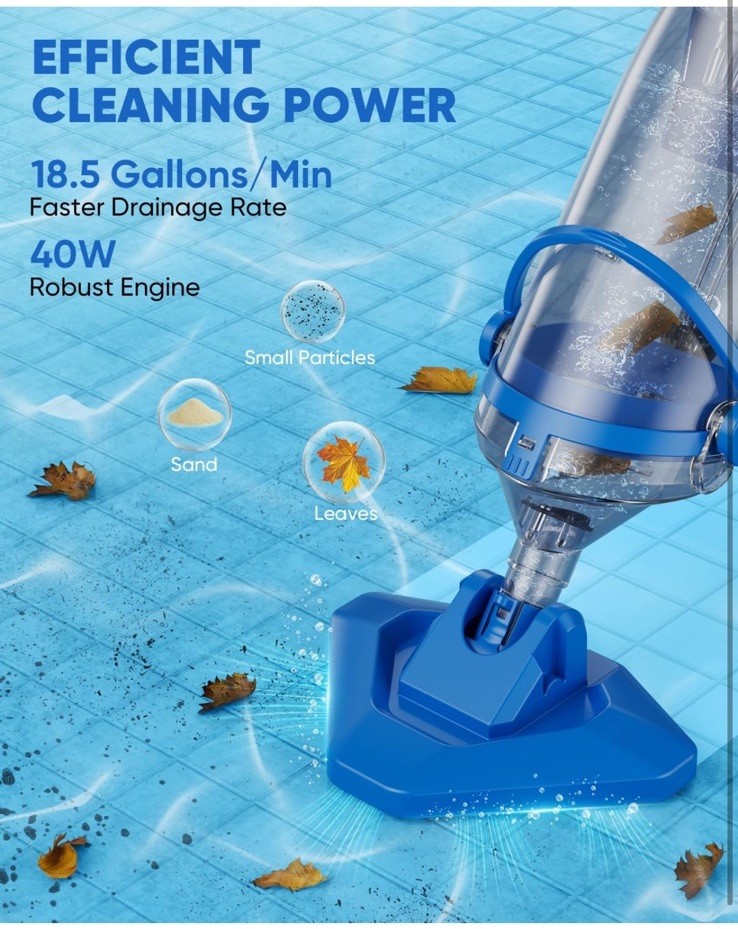 Cordless Pool Vacuum with Telescopic Pole, 18.5 GPM Powerful Suction, 1.5H Super