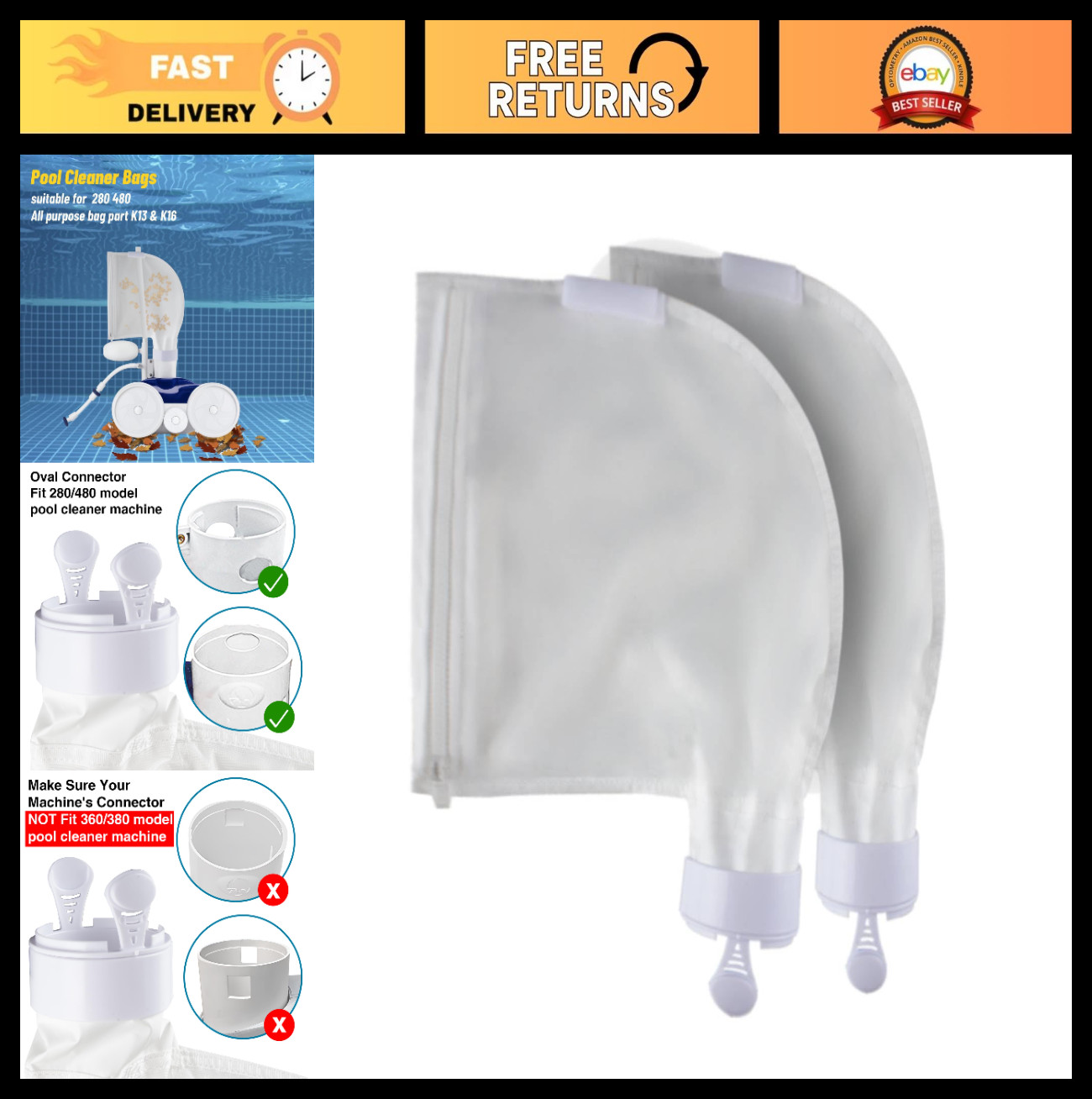 Replacement Pool Cleaner Bags with Zipper for Polaris 280/480 – 2 Pack All Purpo