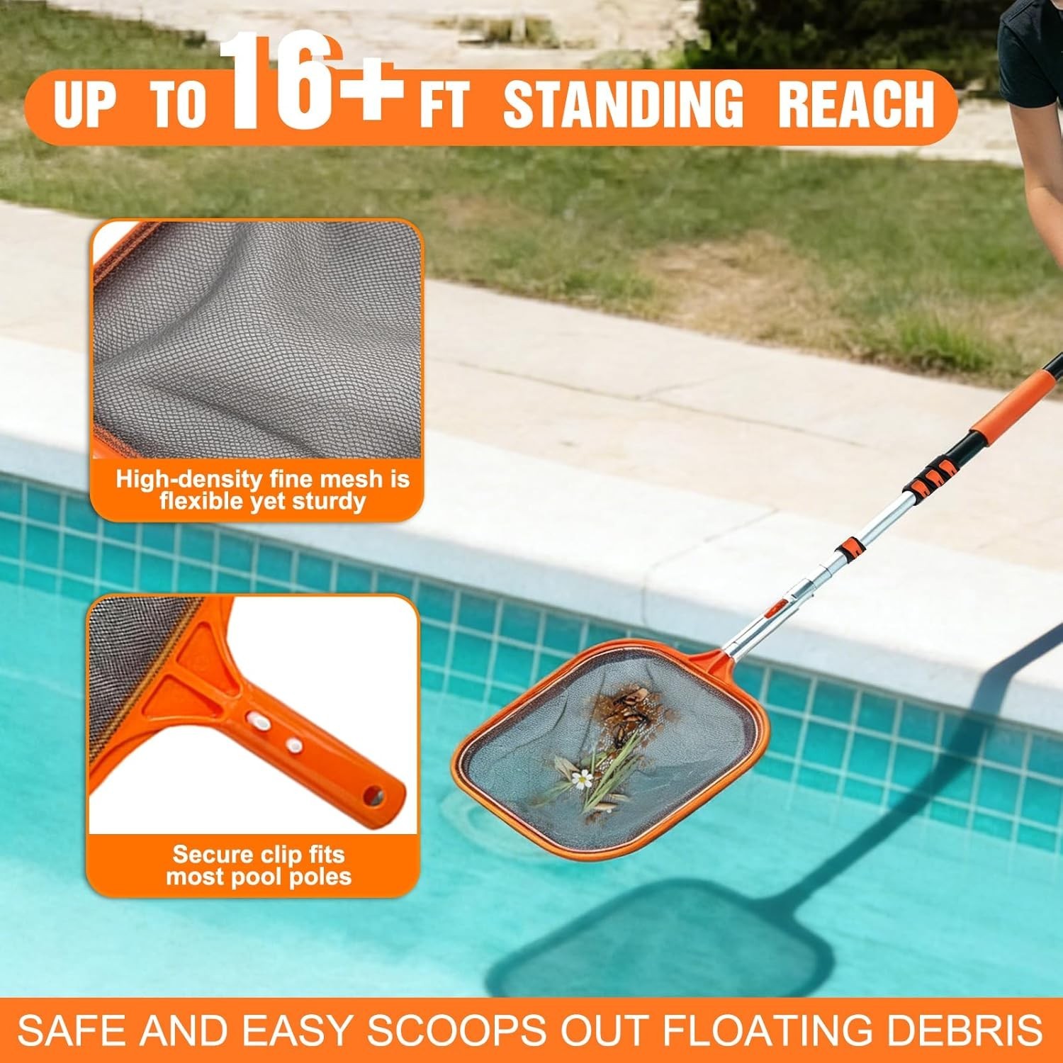 LAANPOLE 4-in-1 Pool Skimmer Net with 16FT Pole Heavy Duty