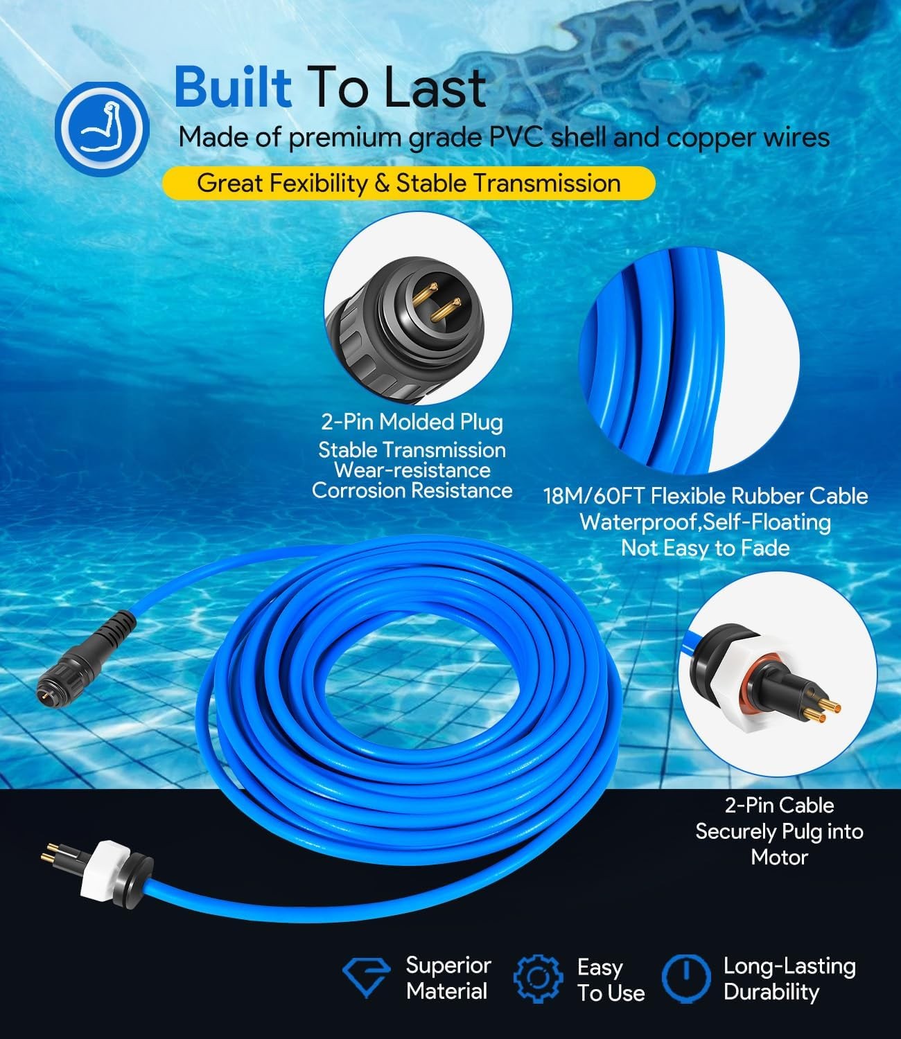For Dolphin Pool Cleaner 99958903-DIY Cable Cord 2-Wire 60FT Triton PS PoolStyle