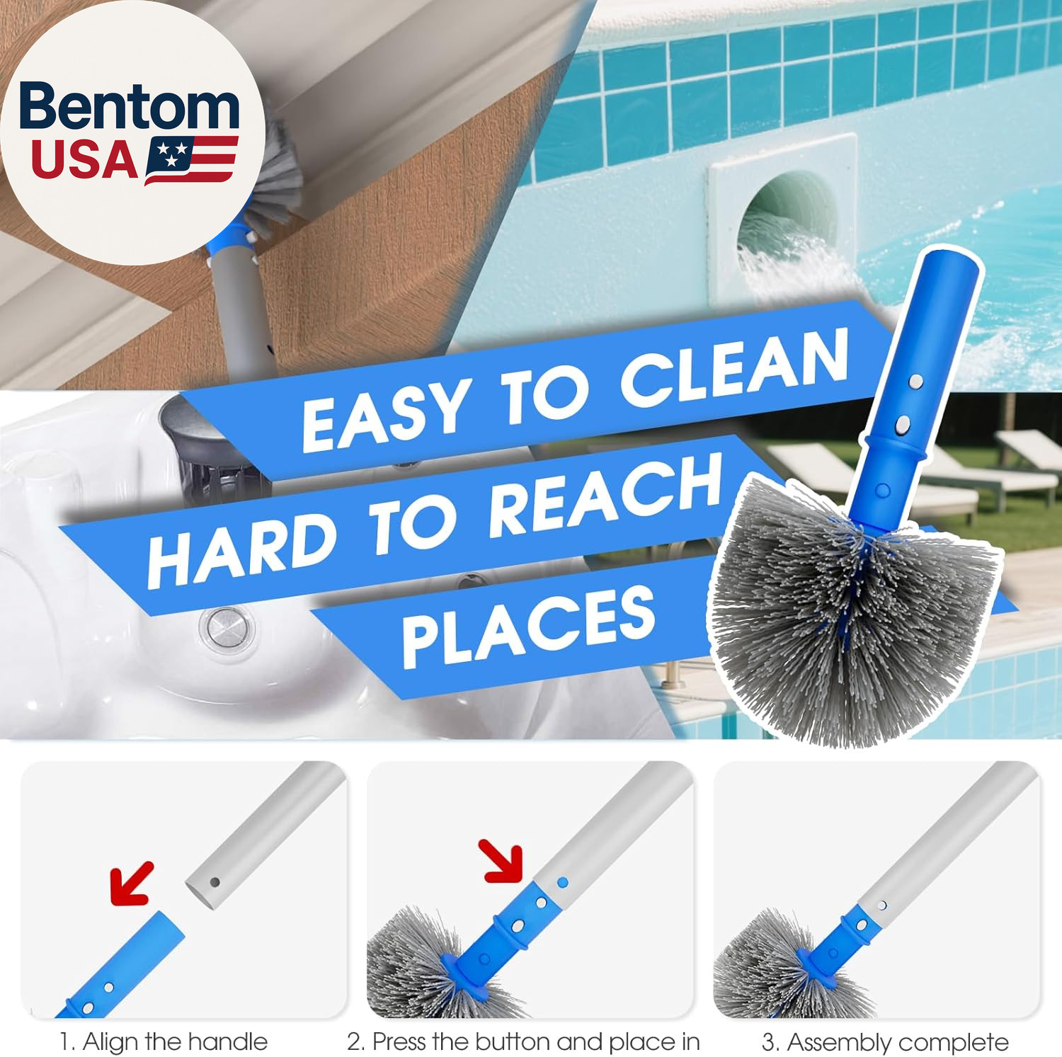 3-In-1 Pool Cleaning Kit Full Set – 18In Rounded End Pool Brush & Ergonomic Pool