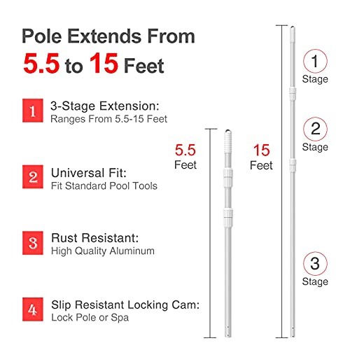 Professional 15 Foot Swimming Pool Pole Telescopic Aluminum Fits Pool 15 feet