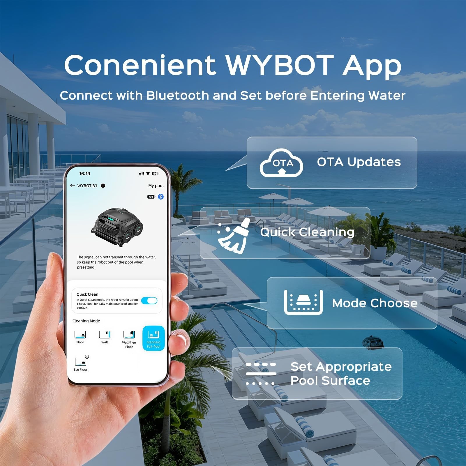 WYBOT B1 Robotic Pool Cleaner Cordless Wall & Waterline Cleaning Self-Parking