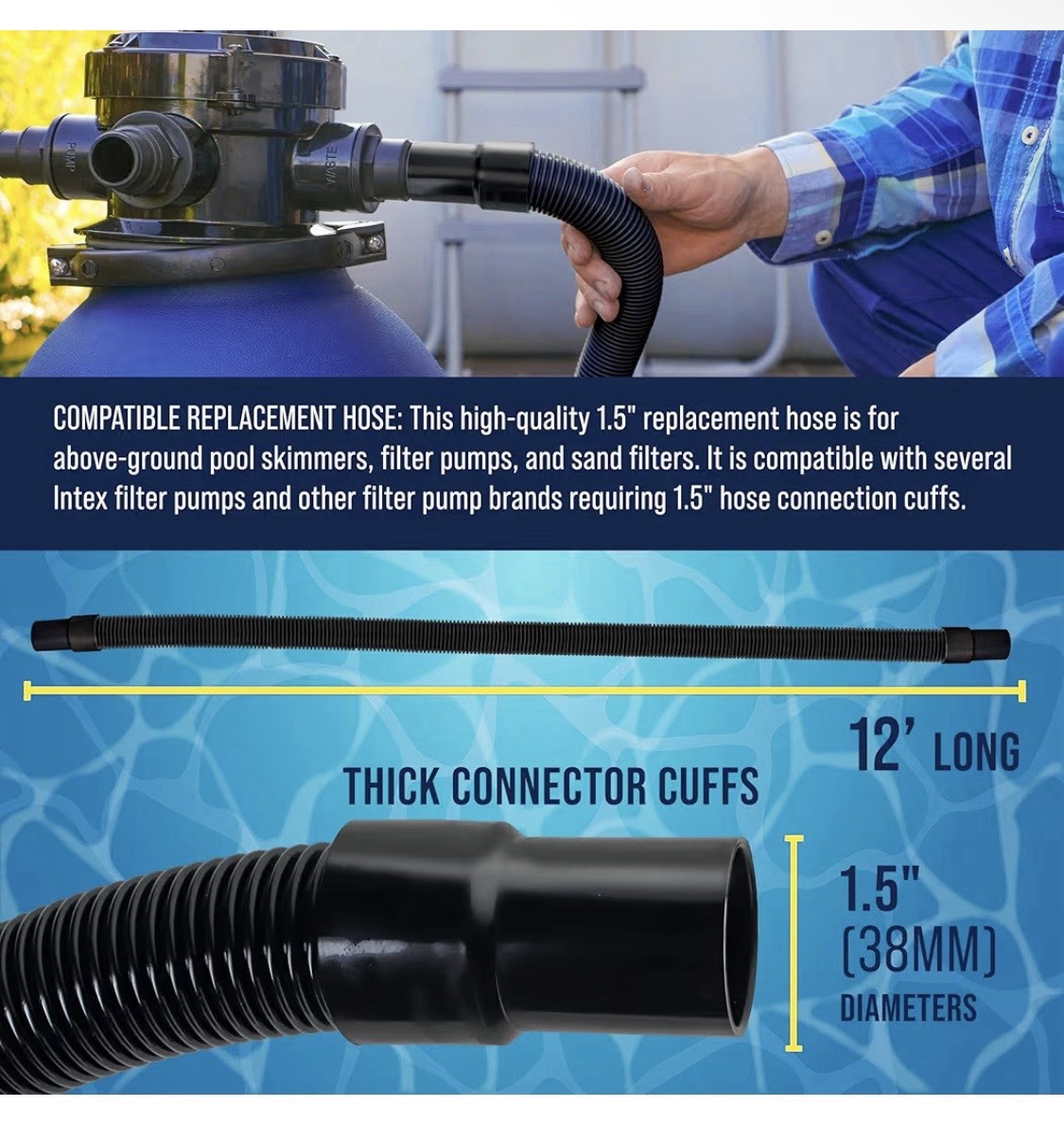 12 Foot Heavy-Duty Above Ground Pool Hose, 1.5&Prime; – Black Filter Connecting Hose