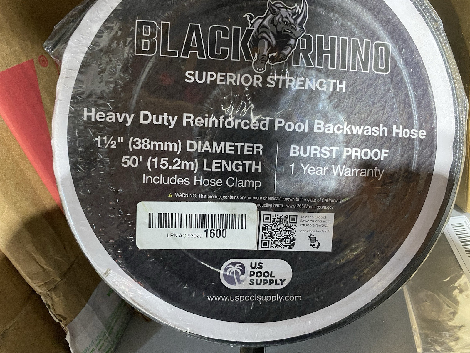 Black Rhino 1-1/2&Prime; x 50&prime; Pool Backwash Hose w/Hose Clamp – Thick 1.2mm (47 mils)