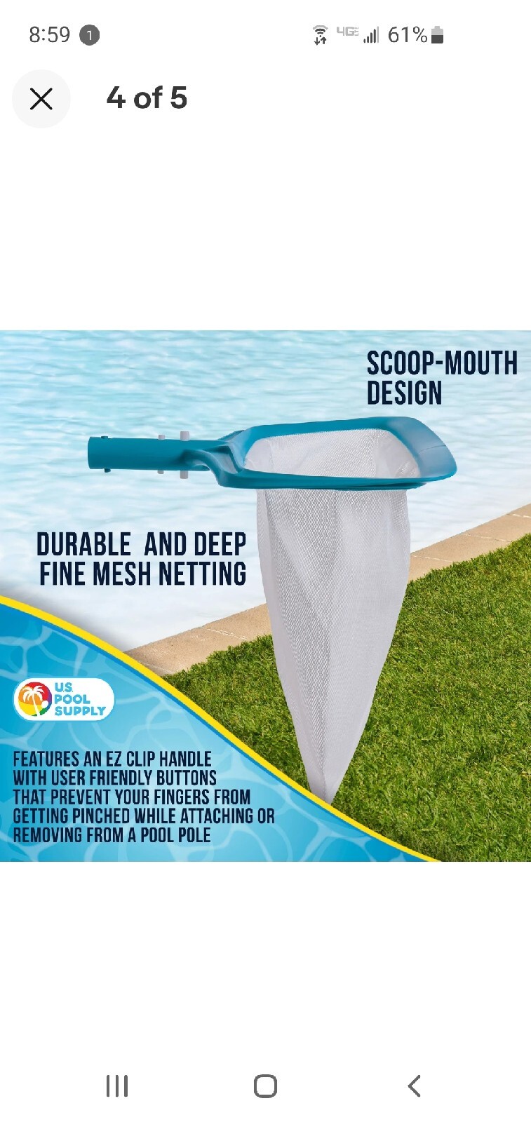 U.S. Pool Supply Pool Leaf Rake with Deep Net Bag & EZ Clip Handle~Free Shipping