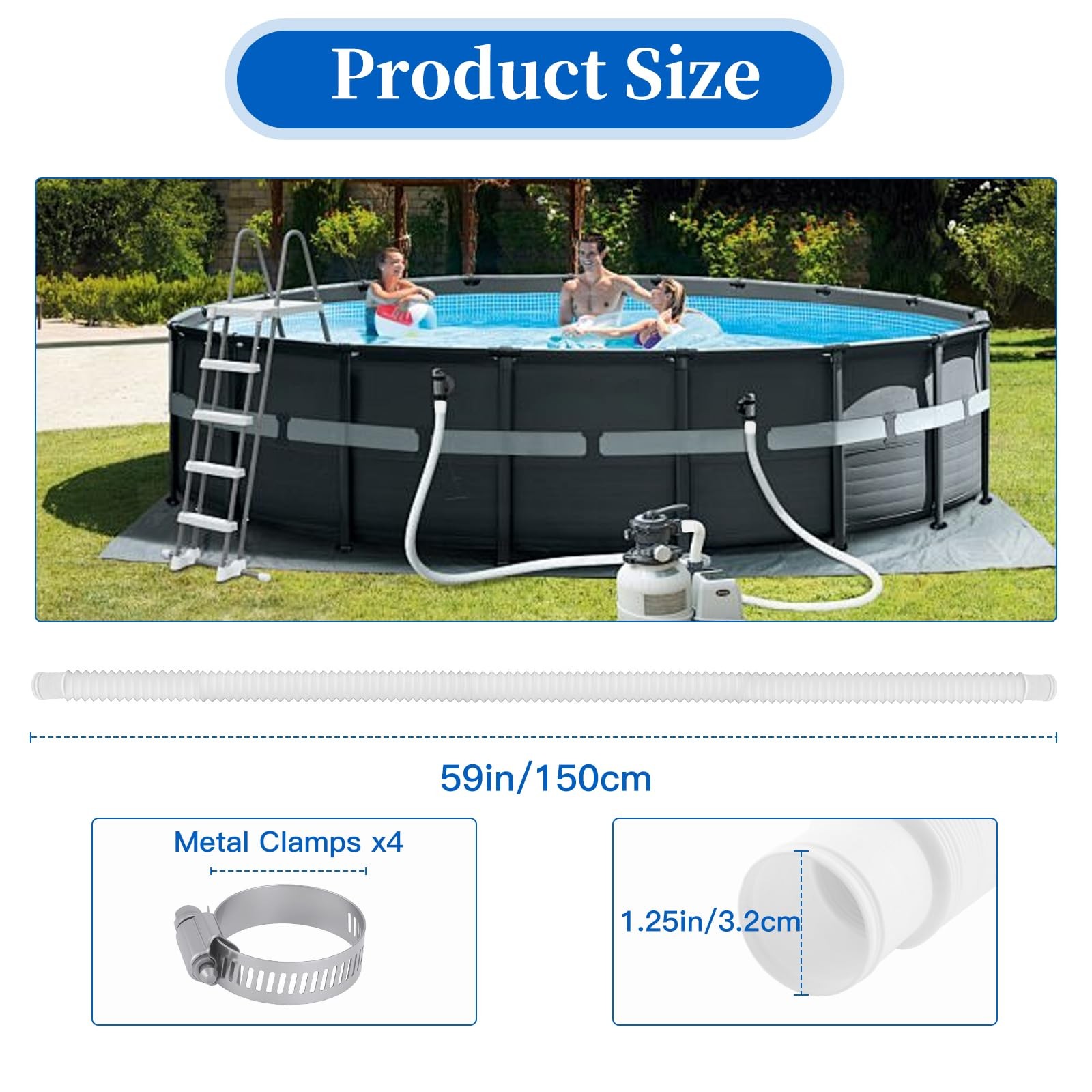 Swimming Pool Replacement Hose, Stretchable 59 inches x 1.25 inches, White