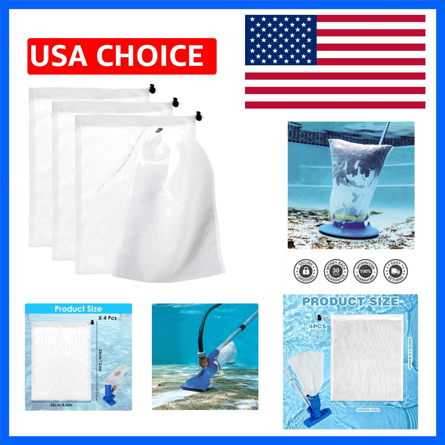 4 PCS Pool Vacuum Replacement Mesh Bag, Fine Mesh Filter Bags Pool Cleaner Ba…