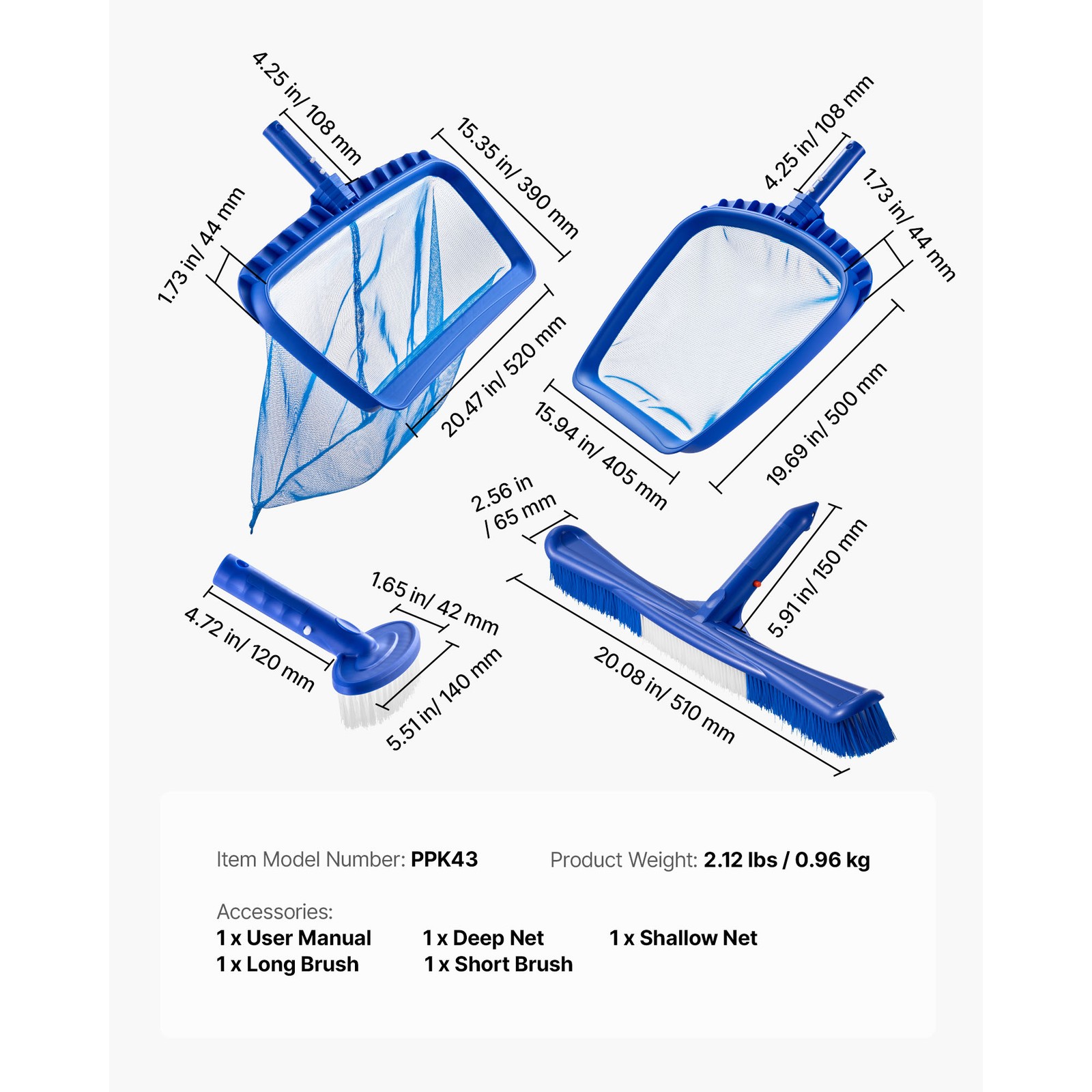 Uimoso Swimming Pool Cleaning Set with Skimmer Net, Rake, and Brush Attachments