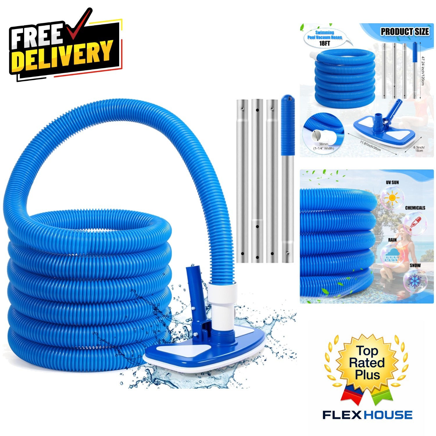 3-Piece Pool Vacuum Kit with Adjustable Pole & 18ft Hose – Clean Effortlessly