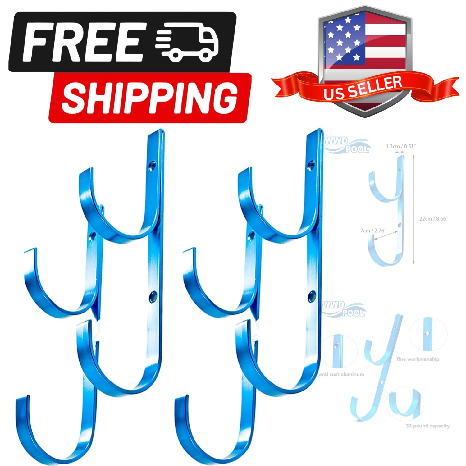 Swimming Pool Aluminum Pole Hanger Set, Blue, 2-Pack 4 Hooks, for Telescoping…