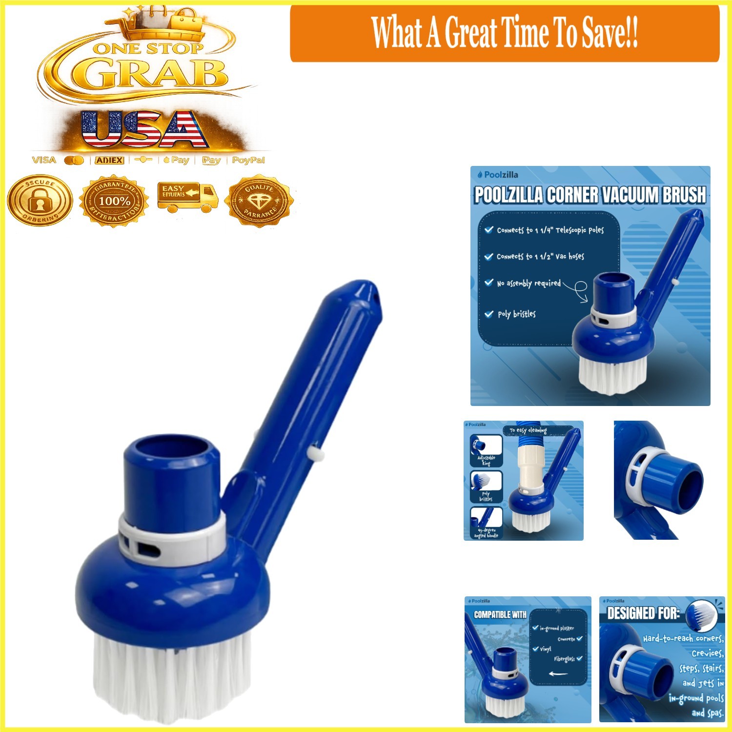 Pool Corner Vacuum Brush with Adjustable Ring for Concrete Vinyl Pools