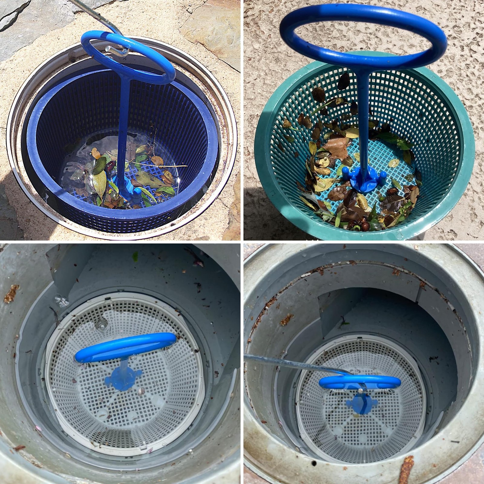 Pool Skimmer Basket Handle Tool Blue Silver Hook Inground Above Ground Cleaning