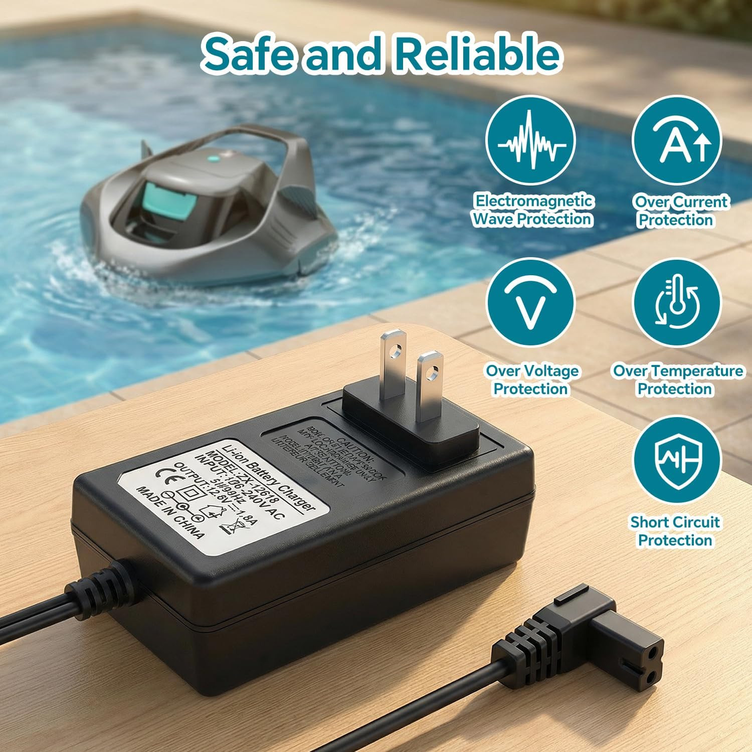 12.6V 1.8A Replacement Charger for Aiper Seagull Pool Vacuum 600 800 800B SE 100
