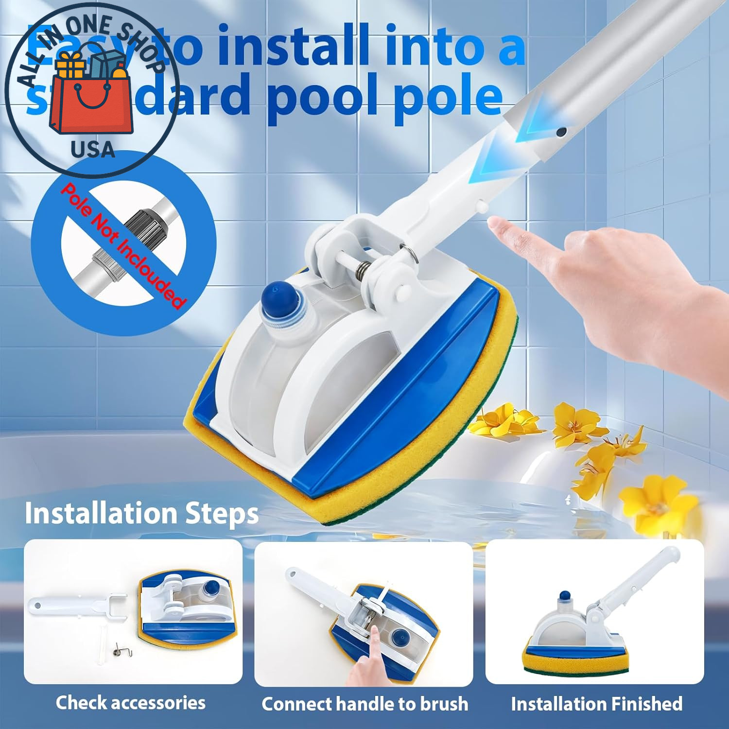 Handheld Pool Scrub Brush with Replacement Sponge Non-Scratch Tile Cleaner