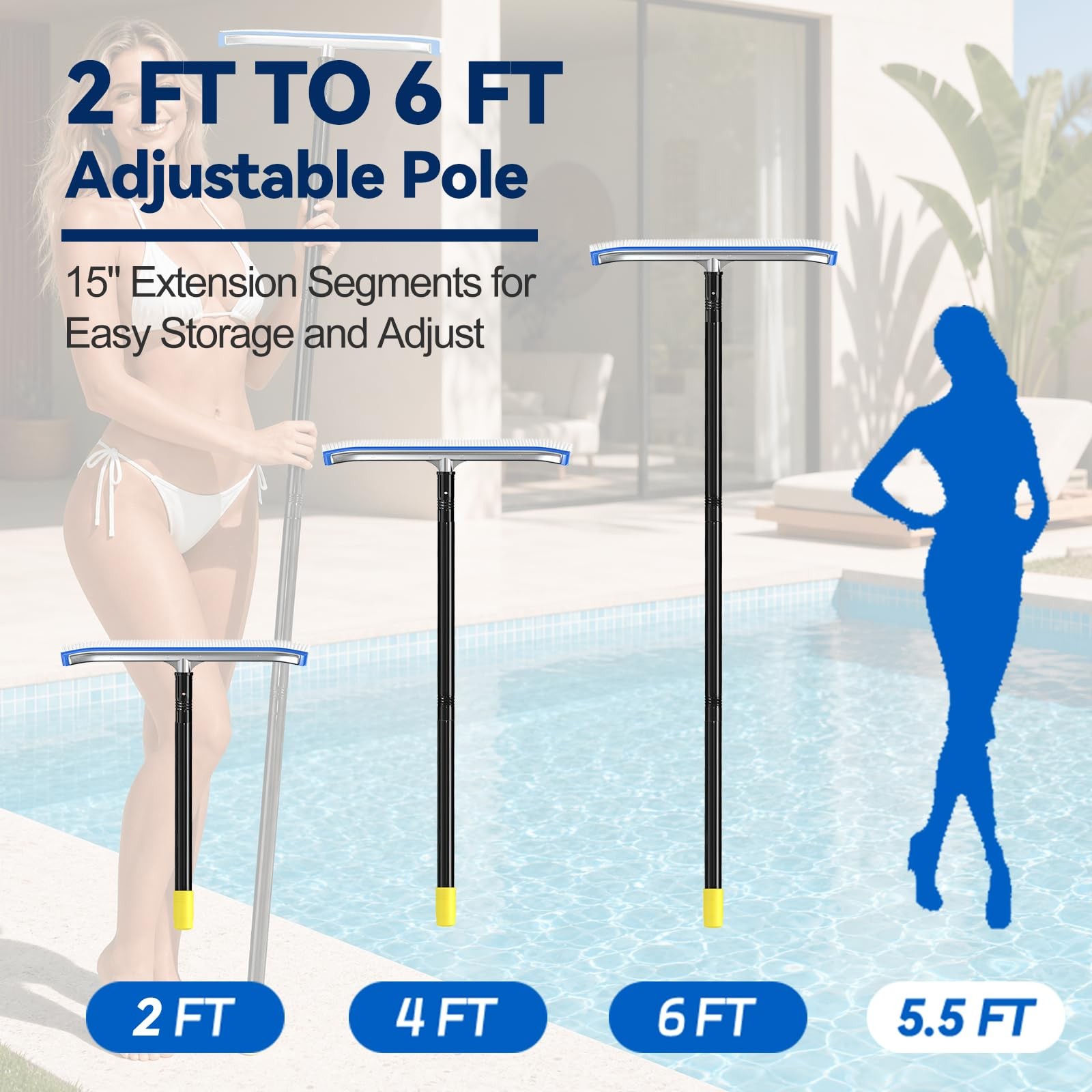 Pool Brush with Pole 6ft, Pool Brush Head for Above Ground, Inground Pools, 1…