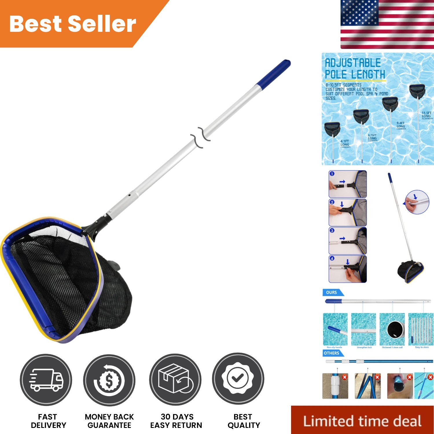 Effortless Pool Cleanup with Adjustable 3ft-10ft Skimmer Net & Heavy-Duty Design