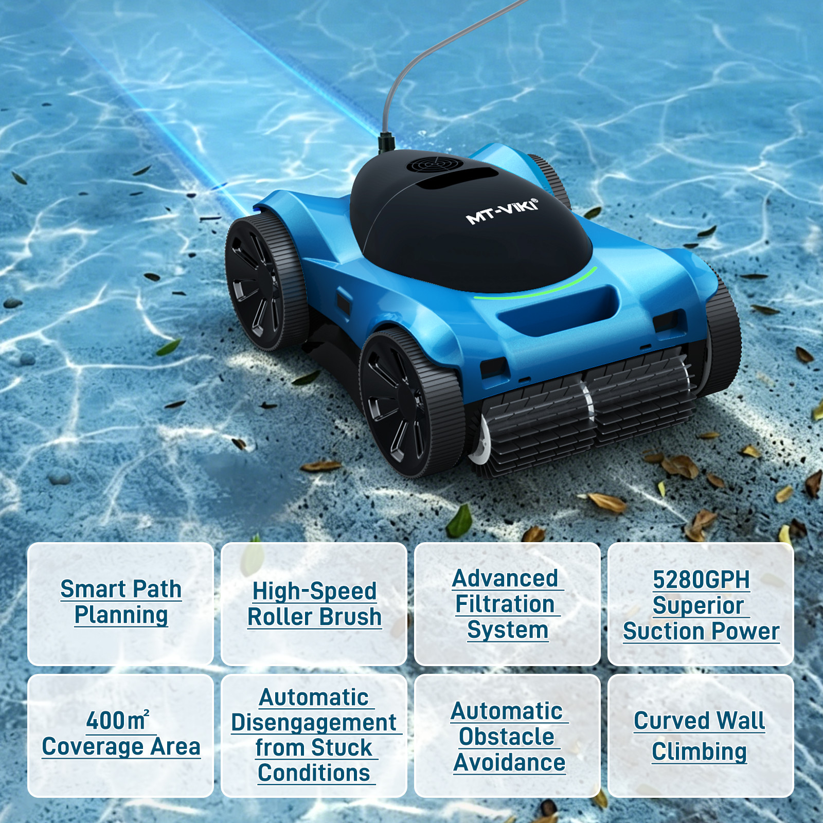 MT-VIKI Robotic Pool Cleaner 480Min 300W Wall Climbing for Inground Above Ground