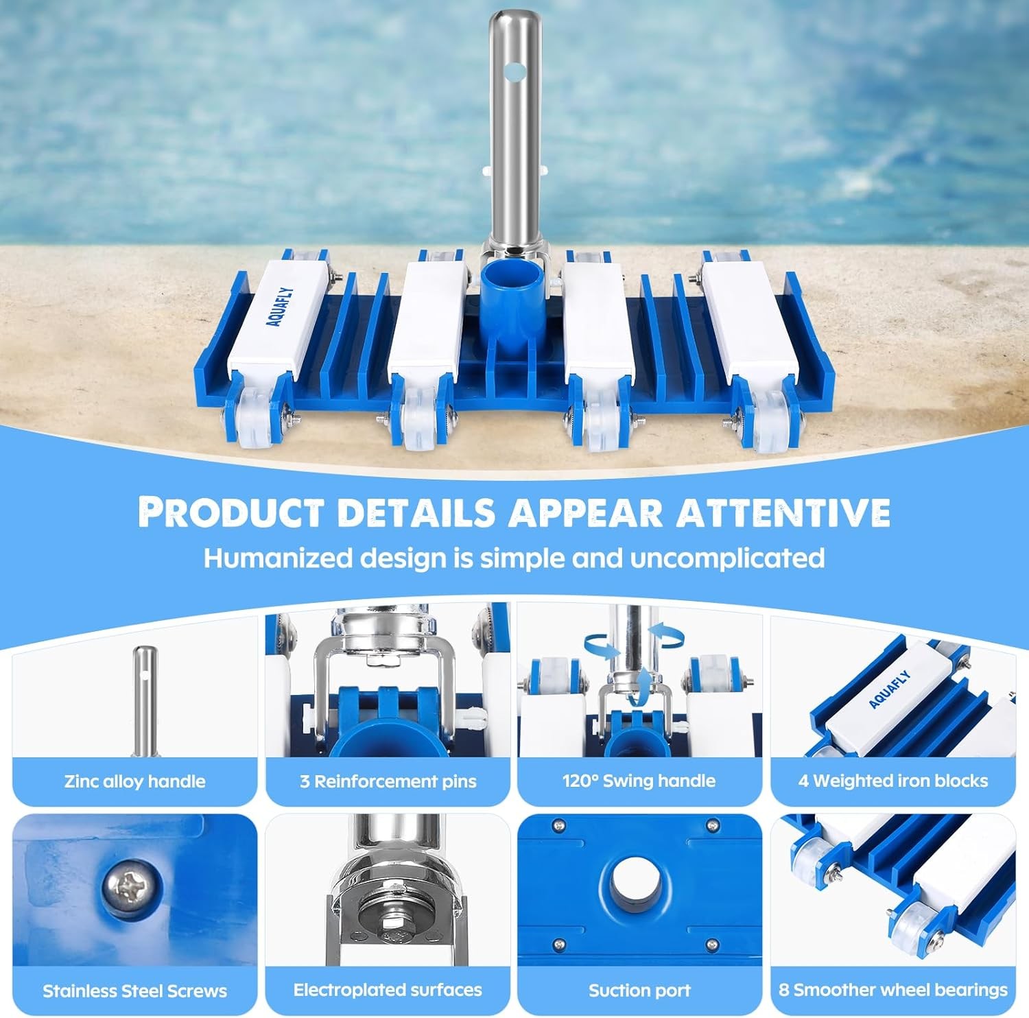 Pool Vacuum Head, Manual Cleaning Vacuum with Wheels 14 » Heavy Duty Handle Pool