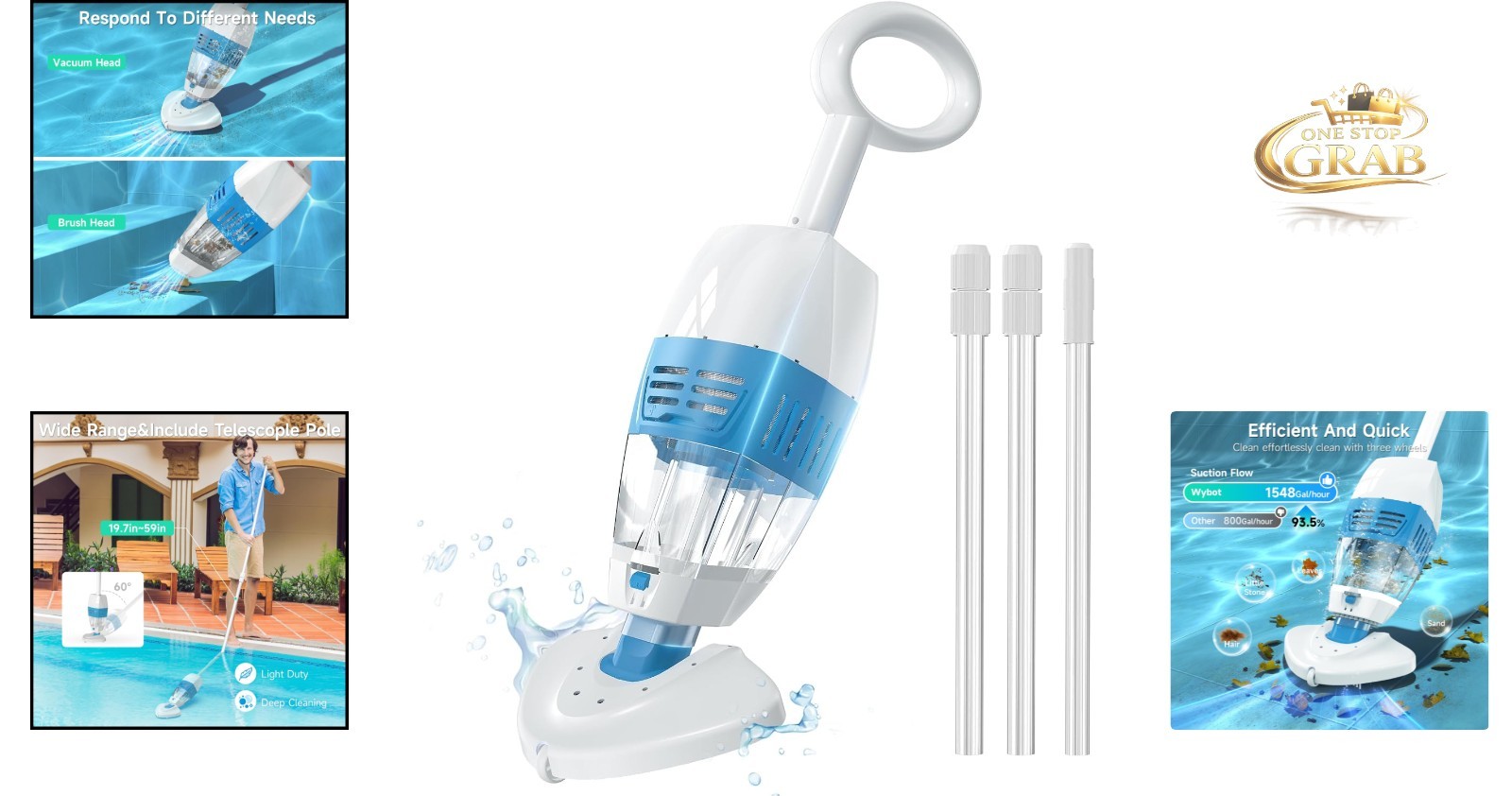 Hyson 100P Handheld Pool Vacuum Rechargeable Telescopic Pole 60 Min