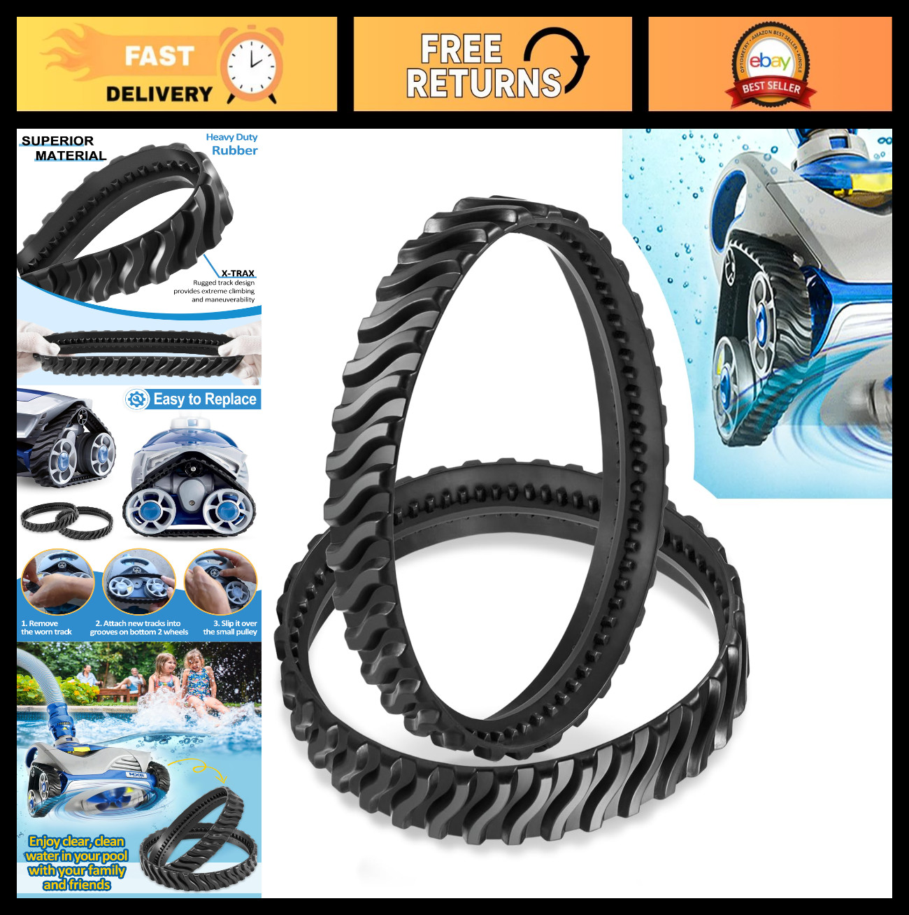 Track Replacement for Zodiac MX6 MX8 Pool Cleaners – Heavy Duty Rubber Wheel Bel