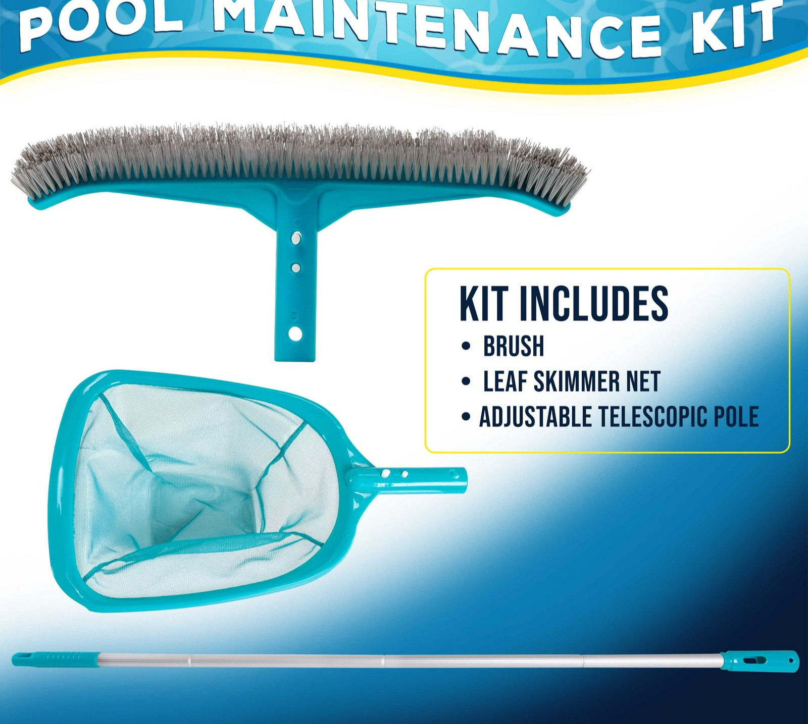 Pool Maintenance Kit Leaf Skimmer Net Brush Telescopic Pole 3 Pc Cleaning Set