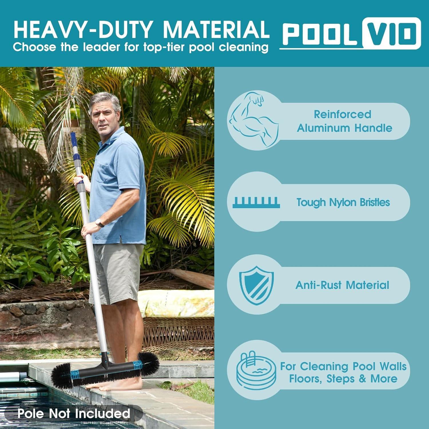 20&Prime; 2 in 1 Pool Brush Head for Swimming Pool, Heavy Duty Scrub Brush with EZ Cli