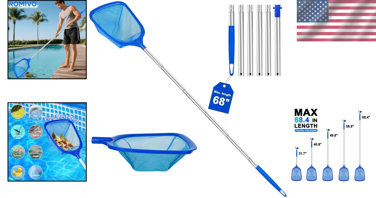 Professional-Grade Pool Skimmer Net – 2.6-5.7 ft Telescopic Pole for All Pools
