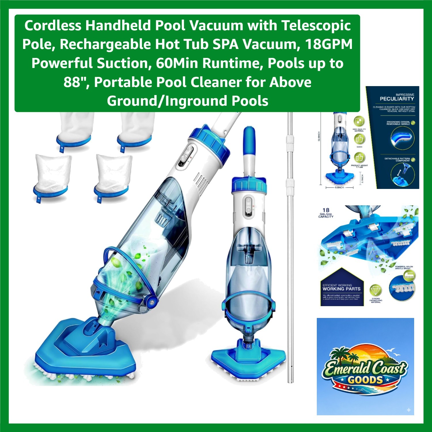 Lightweight Cordless Pool Vacuum with Telescopic Pole – Effortless Cleaning