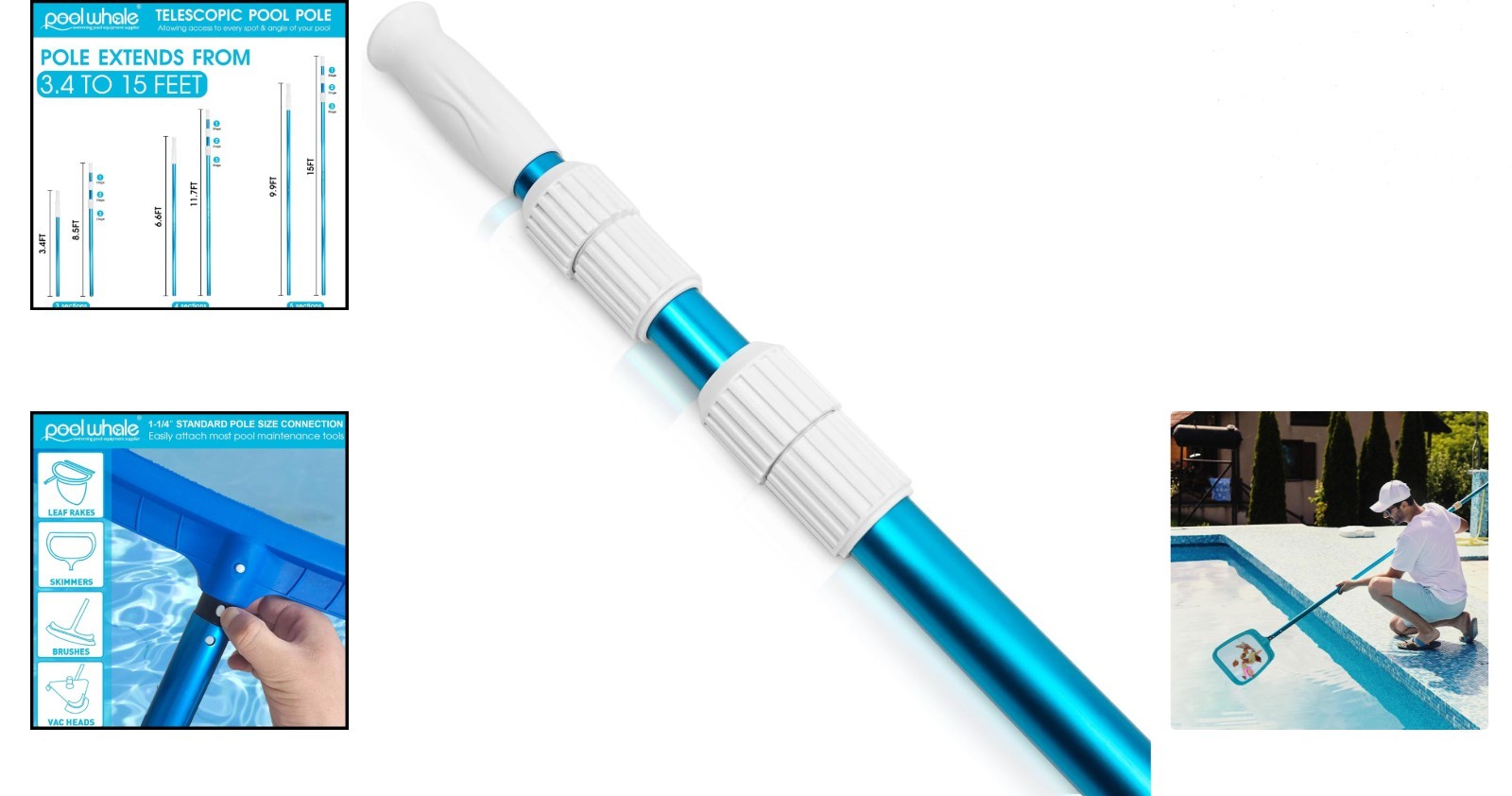 15-Foot Adjustable Telescopic Pool Cleaning Pole – Heavy-Duty Aluminum Design