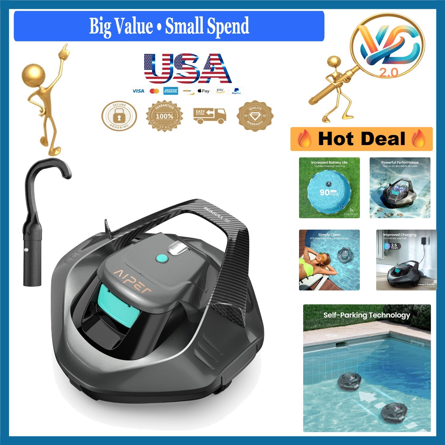 Seagull SE 2025 Cordless Robotic Pool Cleaner 1200GPH Suction, 90 Min Battery…