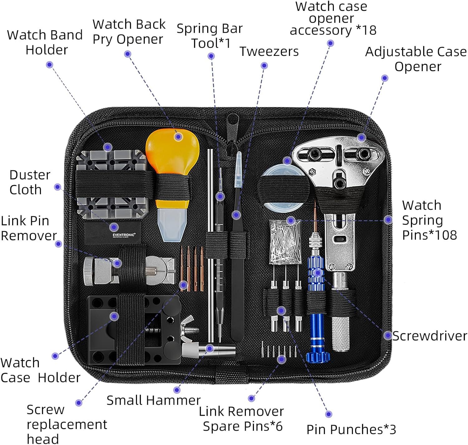 142Pcs Professional Watch Repair Kit With Tools And Carrying Case