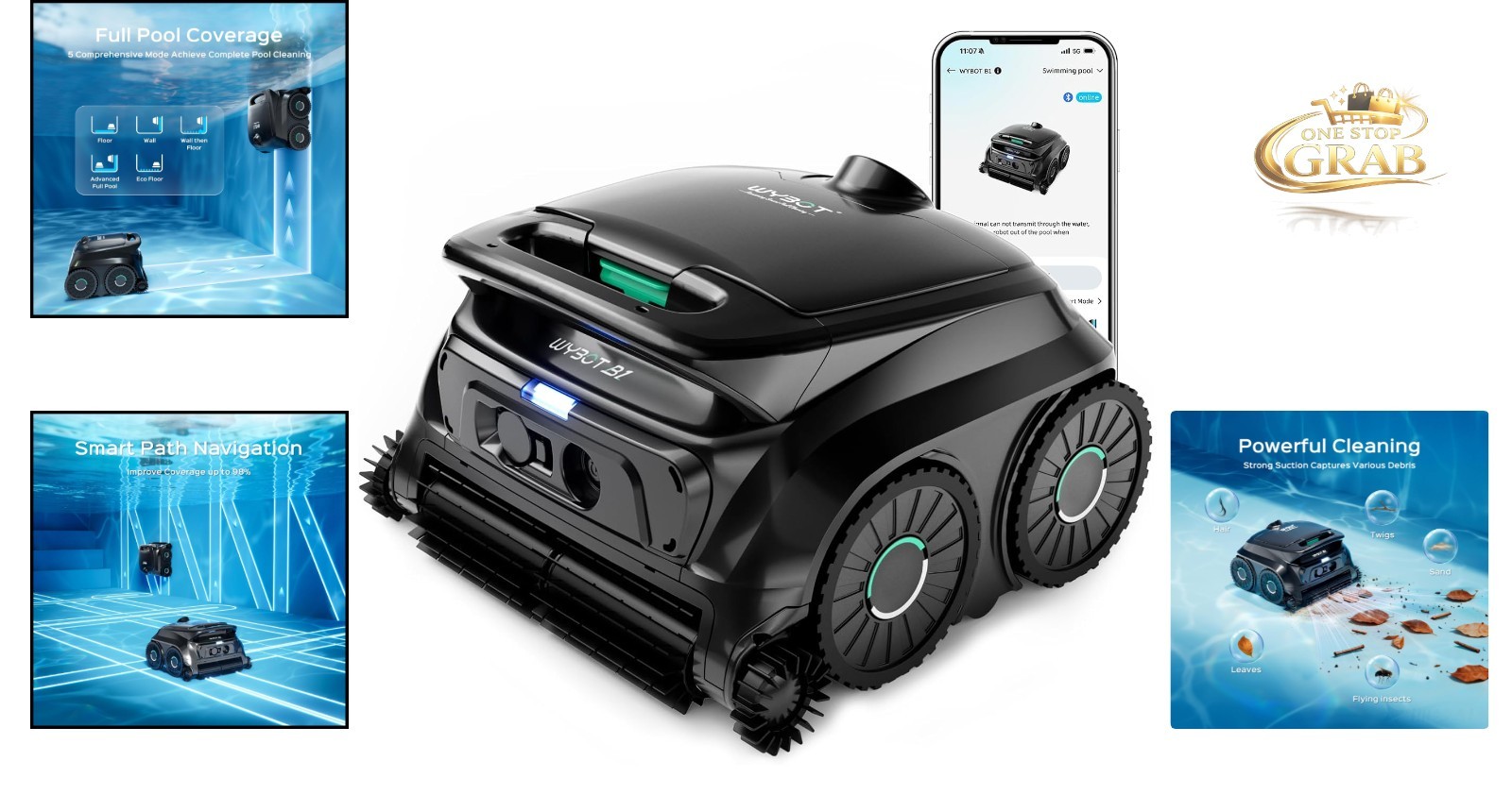 Battery-Powered Robotic Pool Cleaner with App Control Black Green