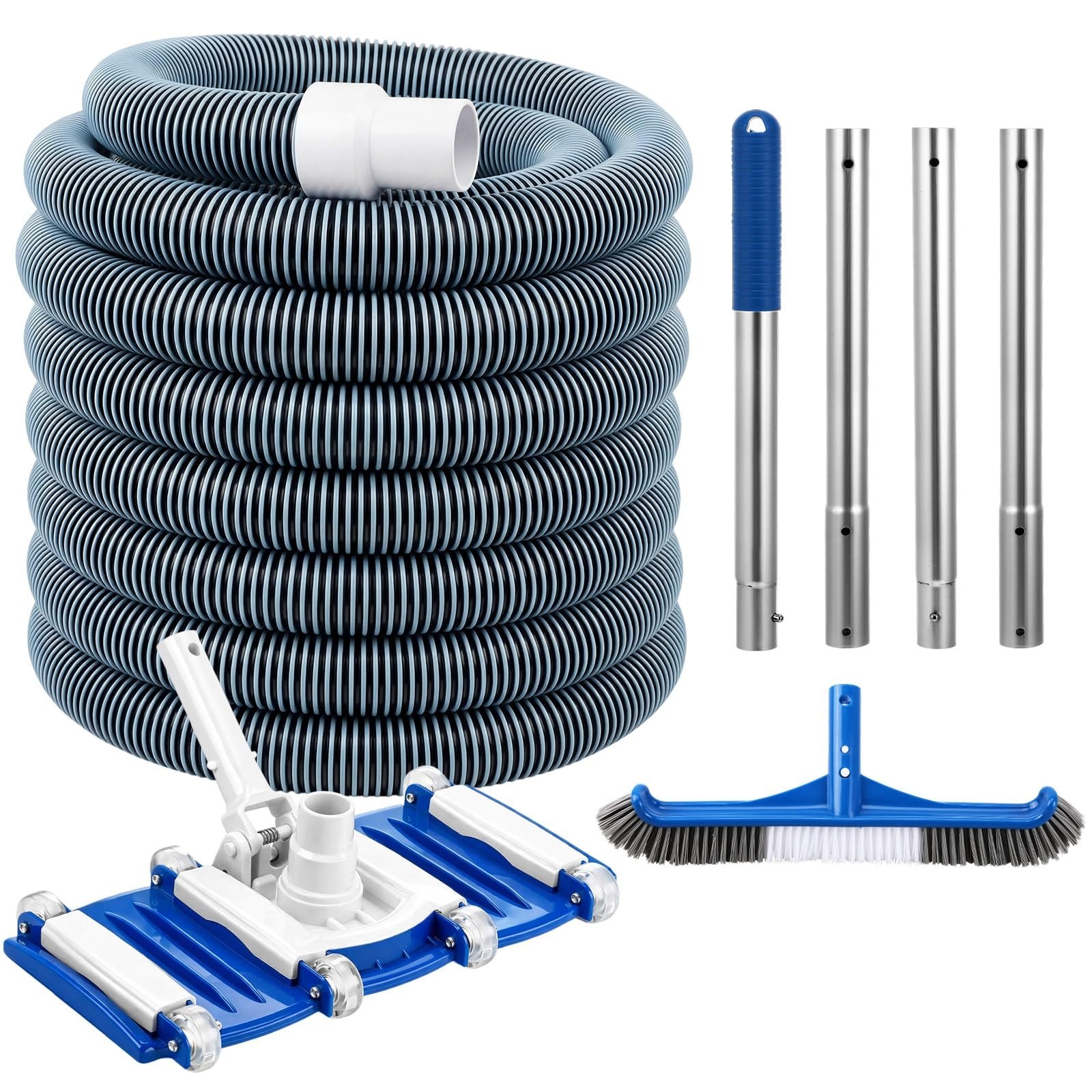 4 Pcs Pool Cleaning Kit – Vacuum Head, 30ft Hose, Flexible Brush & Pole for Ingr