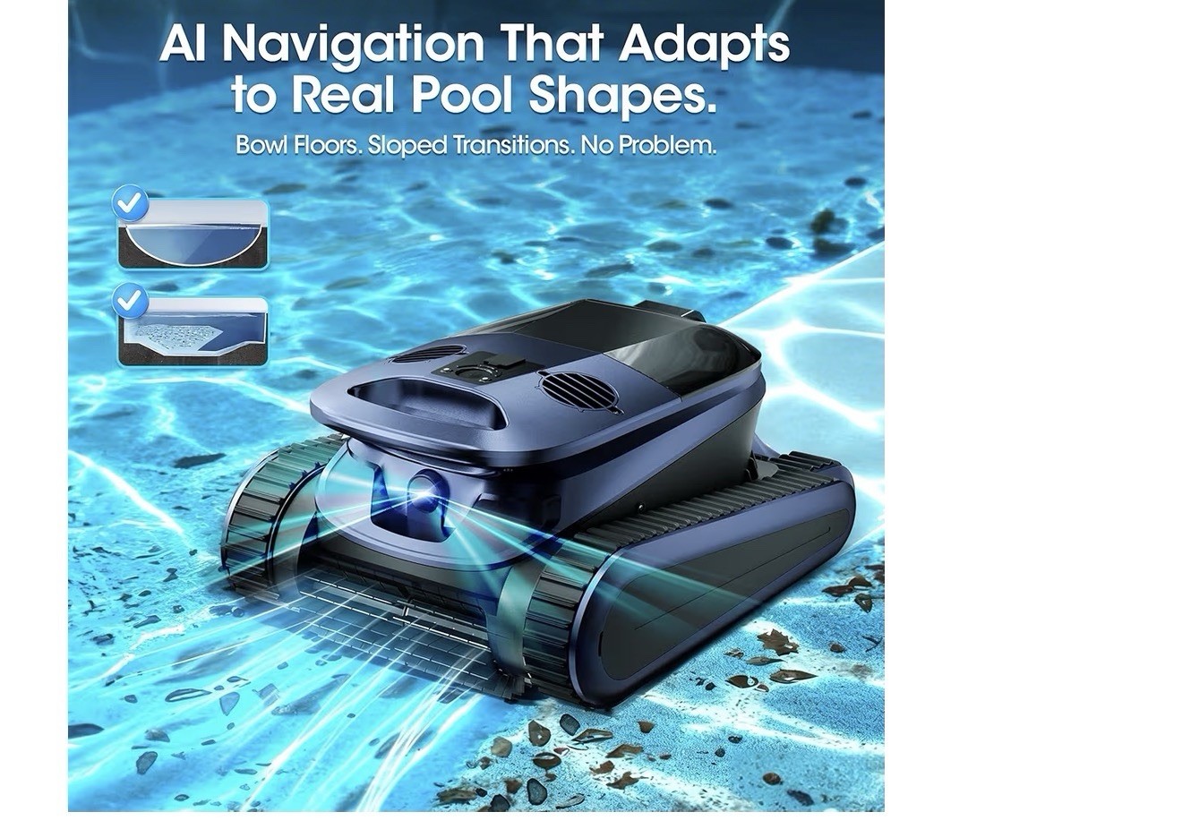Robotic Pool Cleaner AI Navigation Dual Turbines Multiple Cleaning Modes Blue