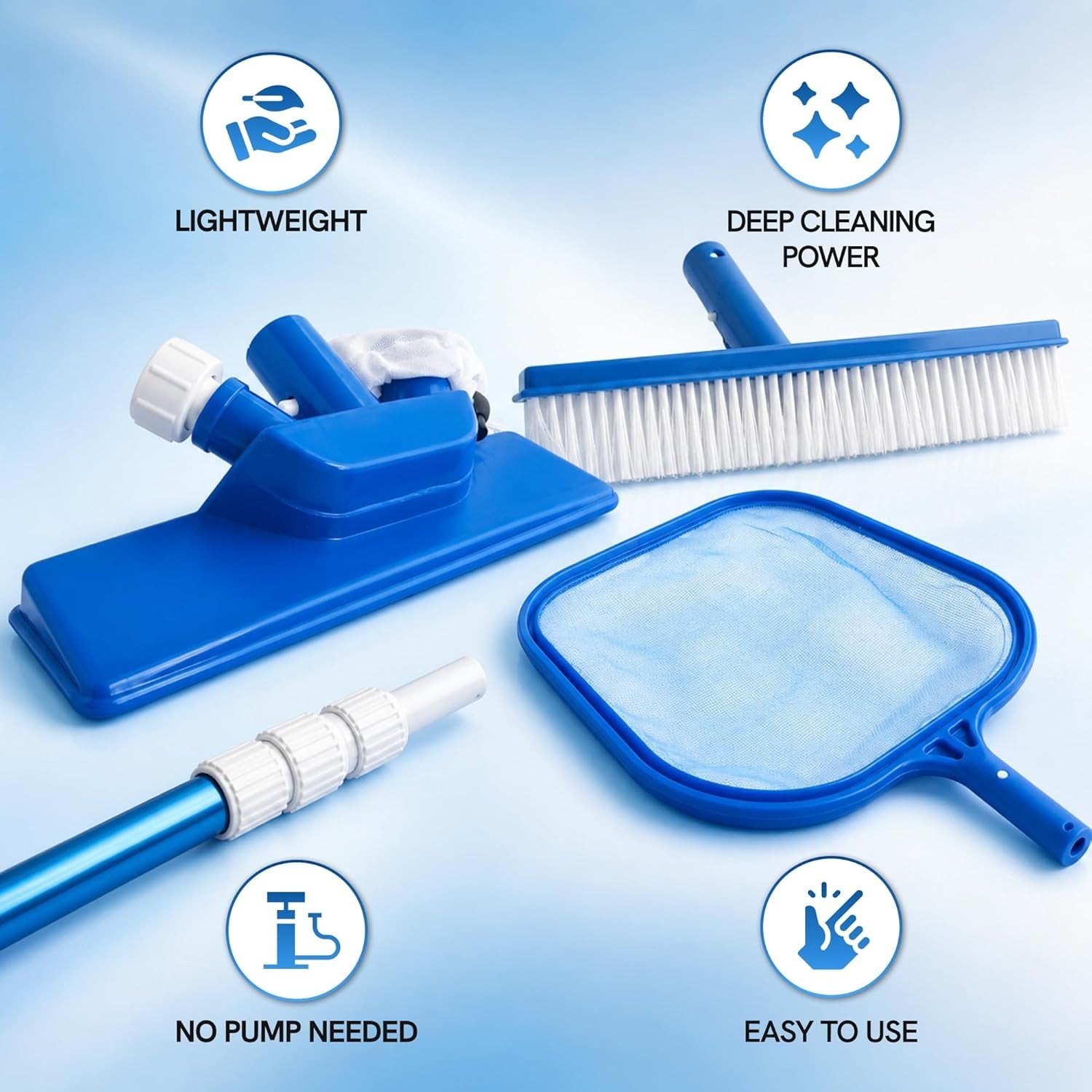 Lightweight Pool Maintenance Set – Telescoping Pole, Skimmer