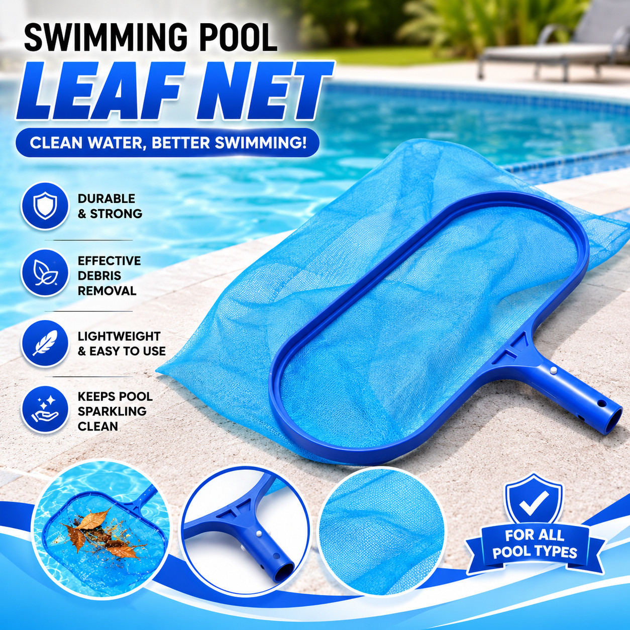Heavy Duty Pool Leaf Skimmer Net 20&Prime; Deep Bag Fine Mesh Swimming Pool Cleaner