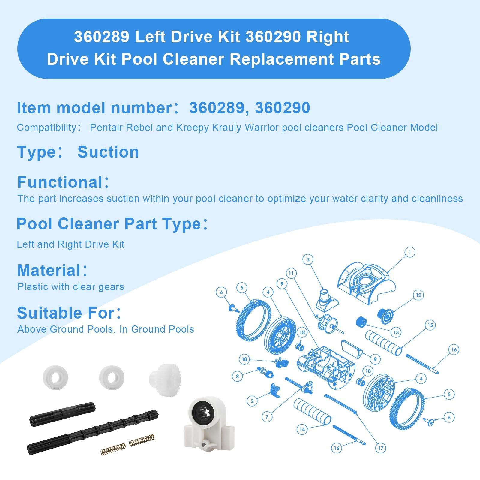Pool Cleaner Bearings Tune Up Kit Replacement Parts,360289 Left Black, White