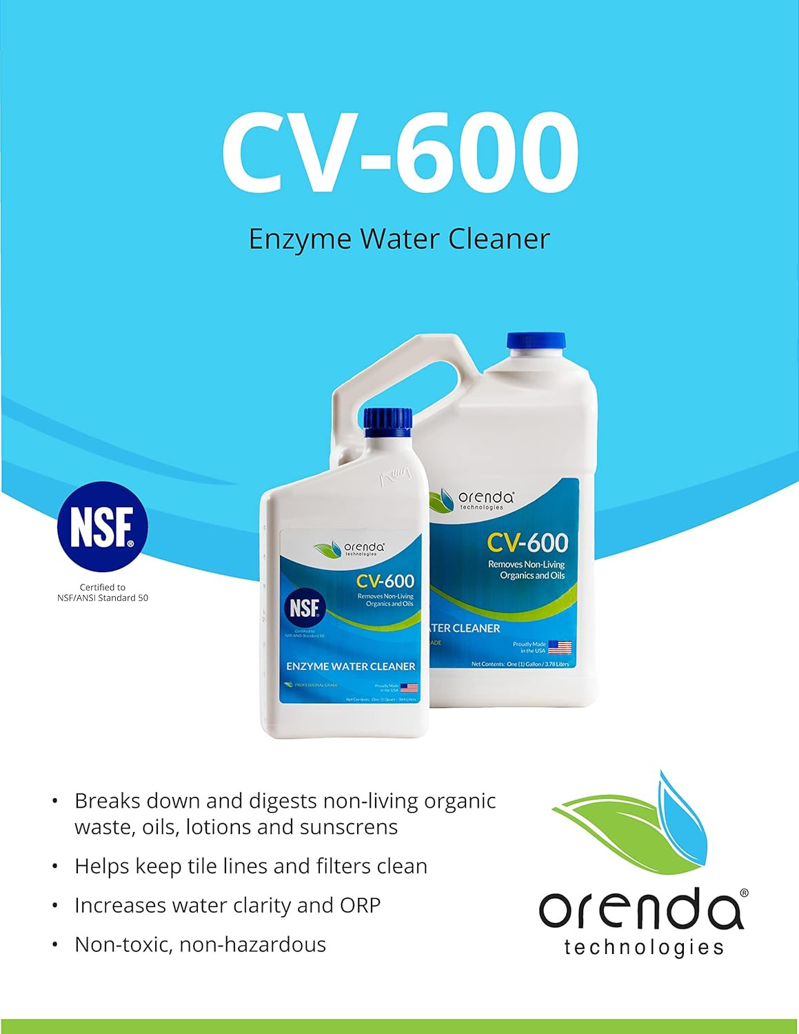 Orenda CV-600 Enzyme Water Cleaner – 1 Gallon for Crystal Clear Pools