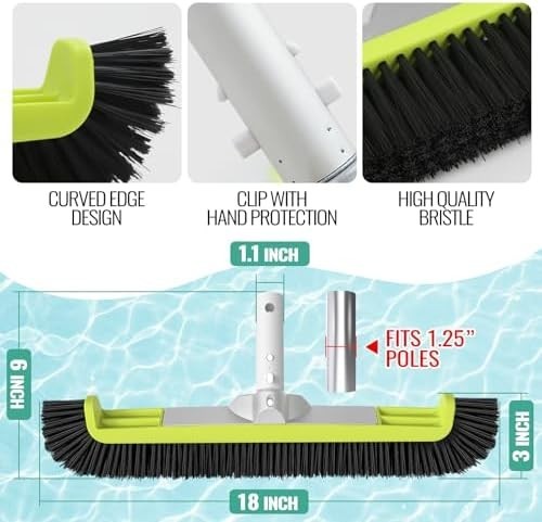 18&Prime; Pool Brush Head for Cleaning Swimming Pool Walls, Curved Ends High-Efficienc