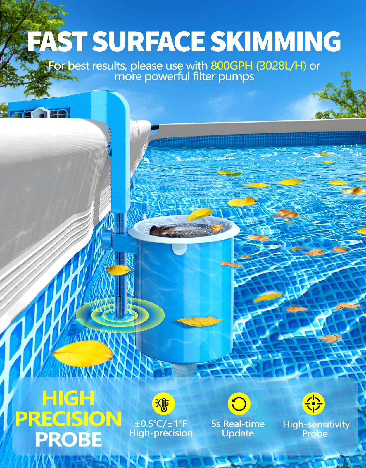Above Ground Pool Skimmer with Solar Digital Thermometer | Wall Mount Surface…