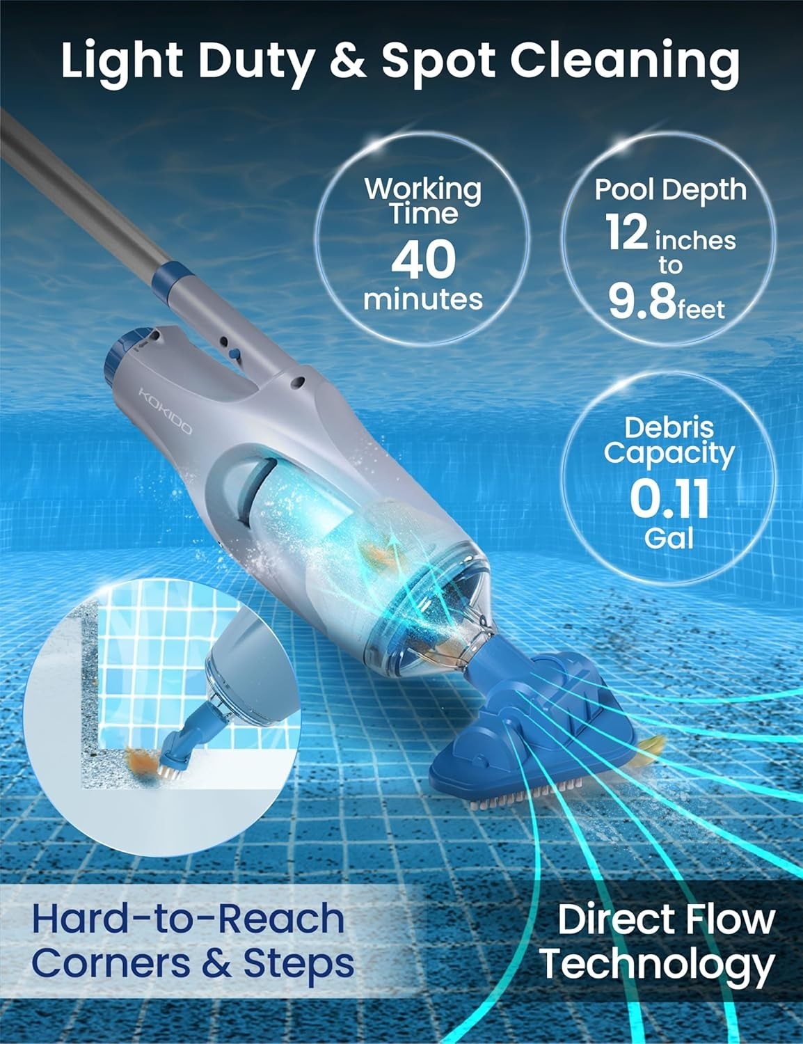 Efficient Cordless Pool Cleaner for In-Ground & Above Ground Pools – 20ft
