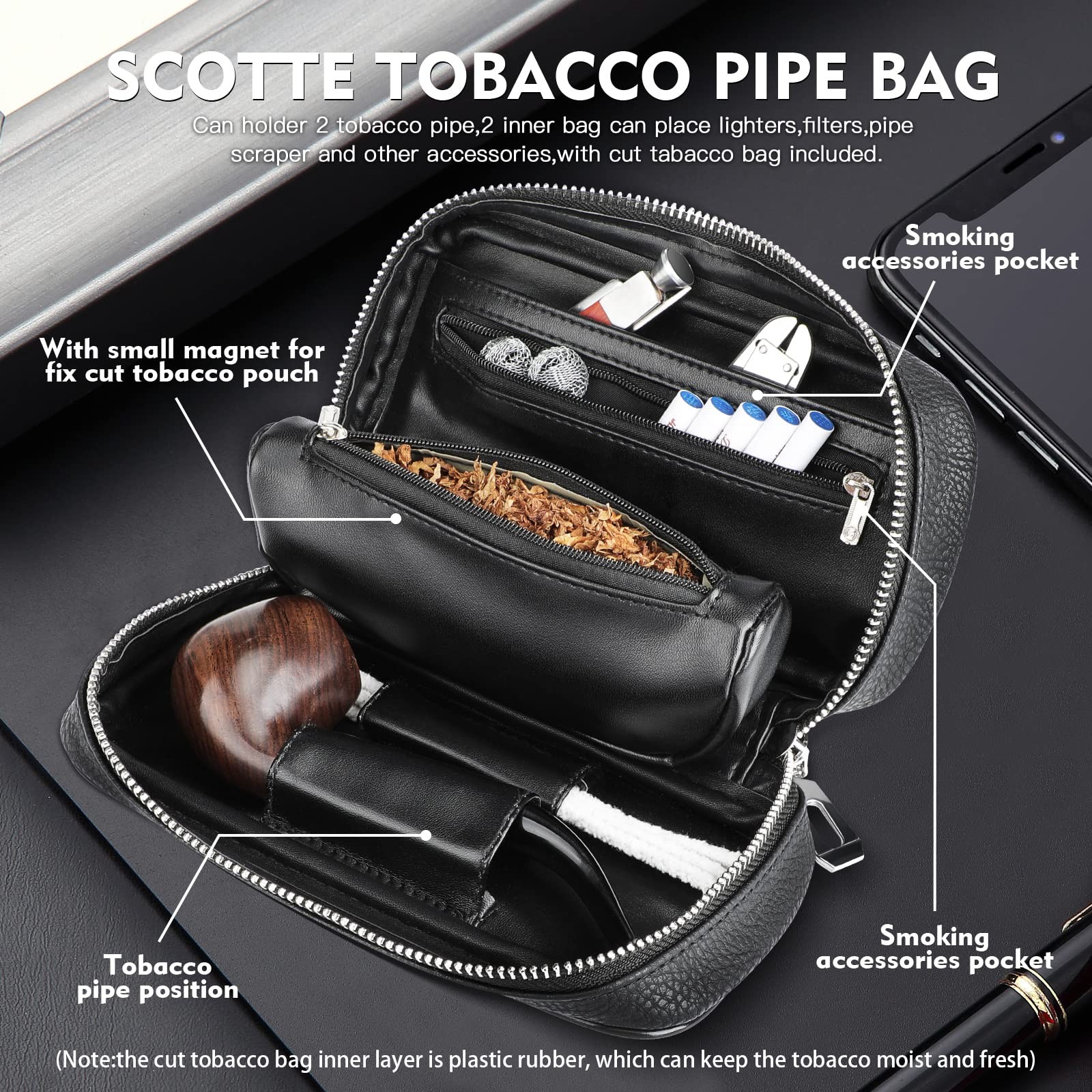Scotte Tobacco Smoking Pipe,Leather Pipe Pouch Pear black 2, brown
