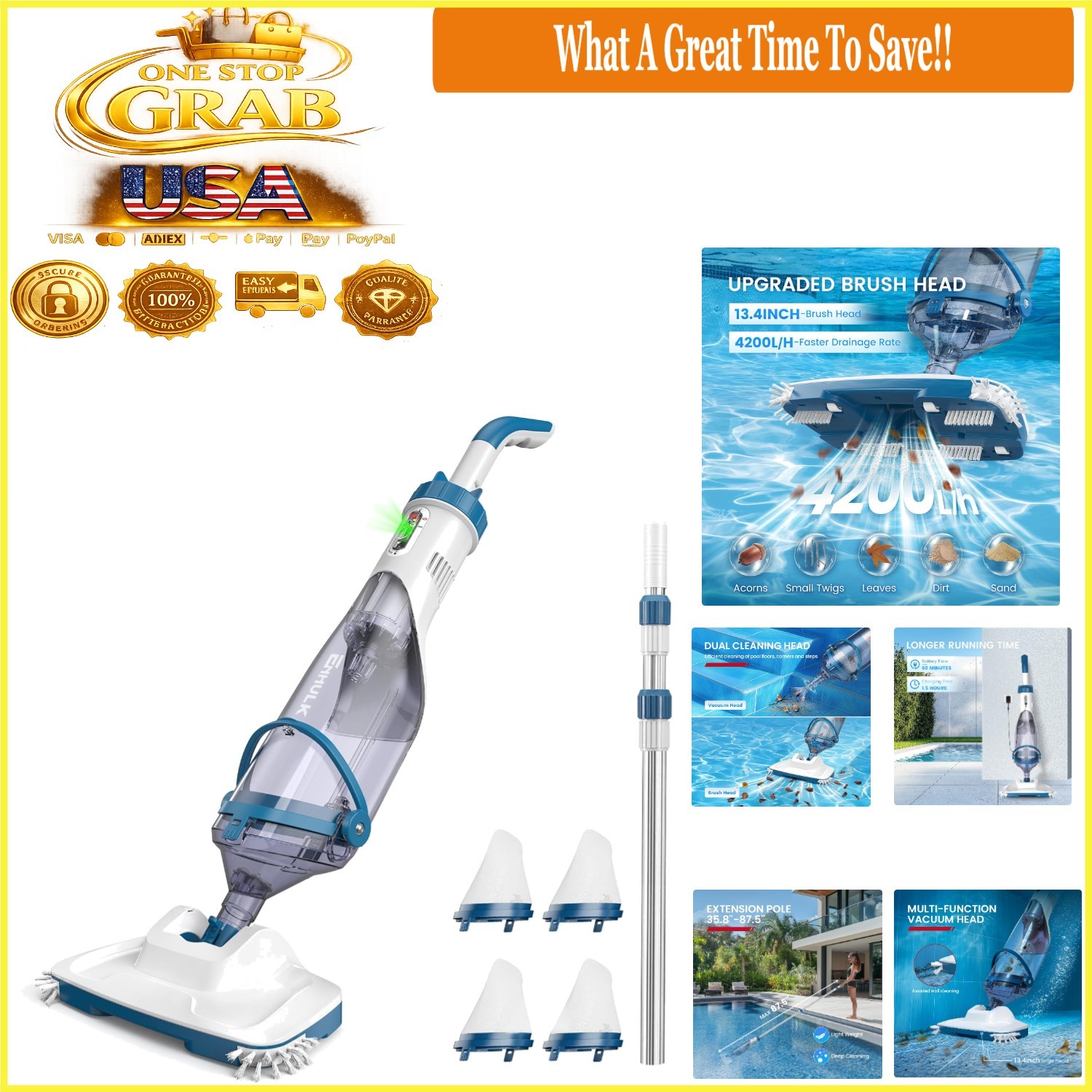 Cordless Pool Vacuum for Above Ground Inground Pools 13.4&Prime; Wide Head Blue
