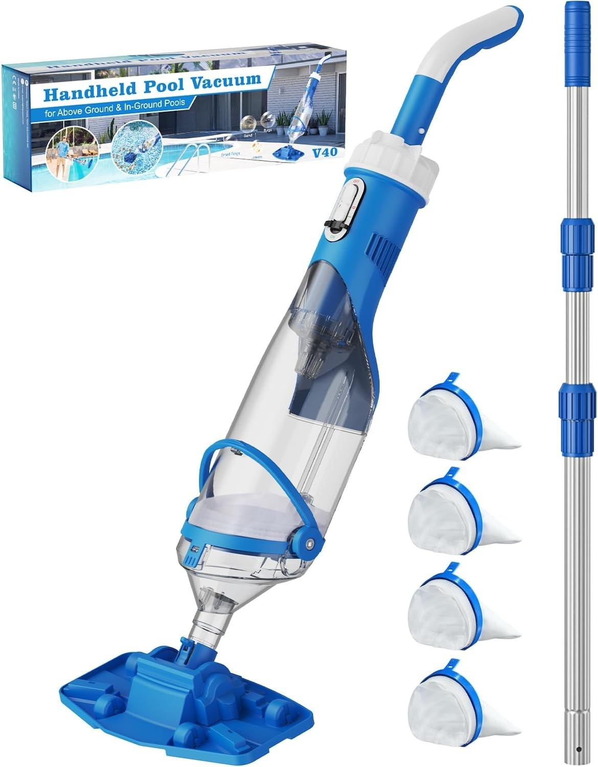 Cordless Pool Vacuum with Telescopic Pole 18.5 GPM Powerful Suction Blue