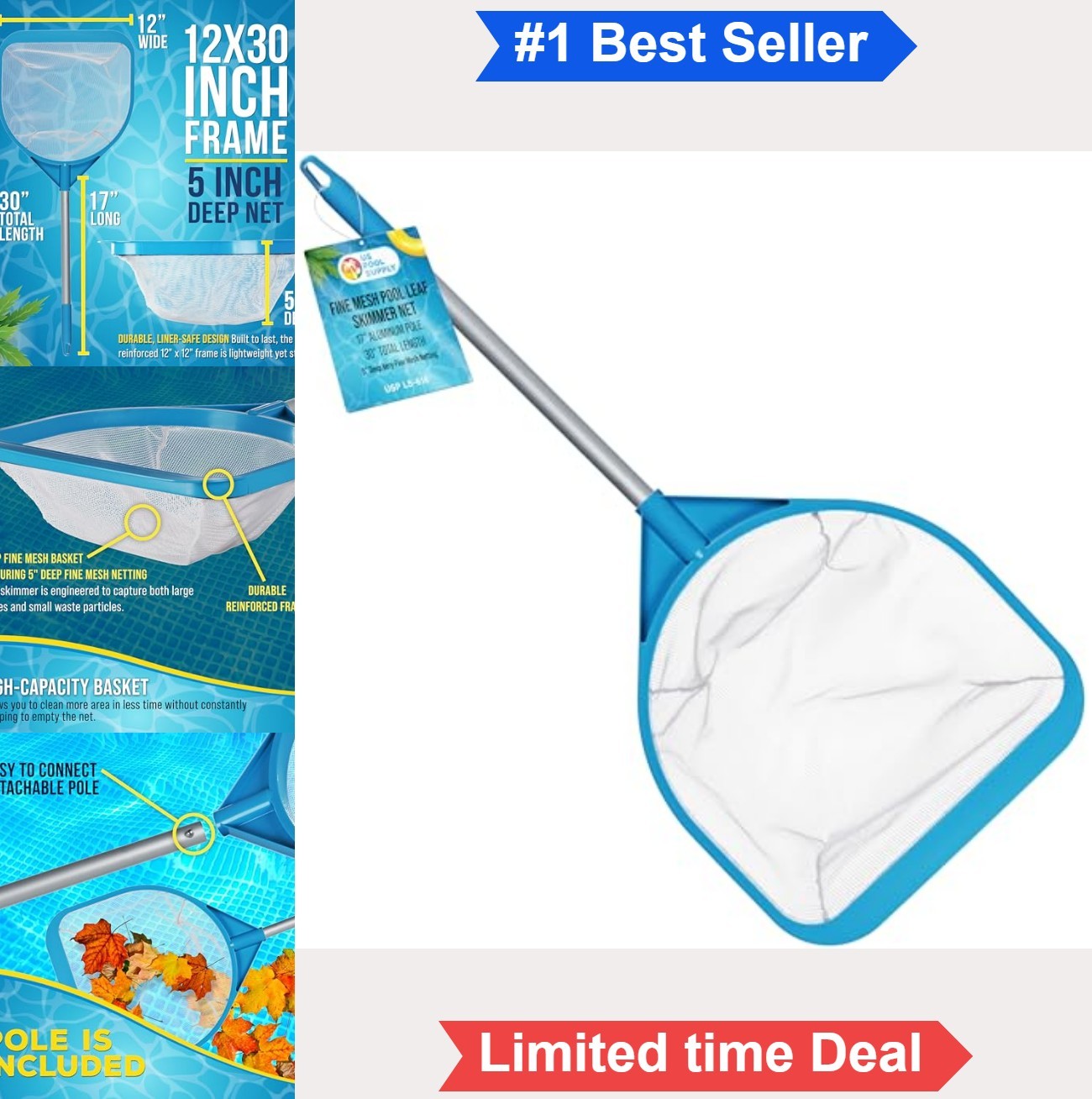 Pool Skimmer Net 30 Inch Fine Mesh Hand Held Spa Hot Tub Pond Cleaning Deep