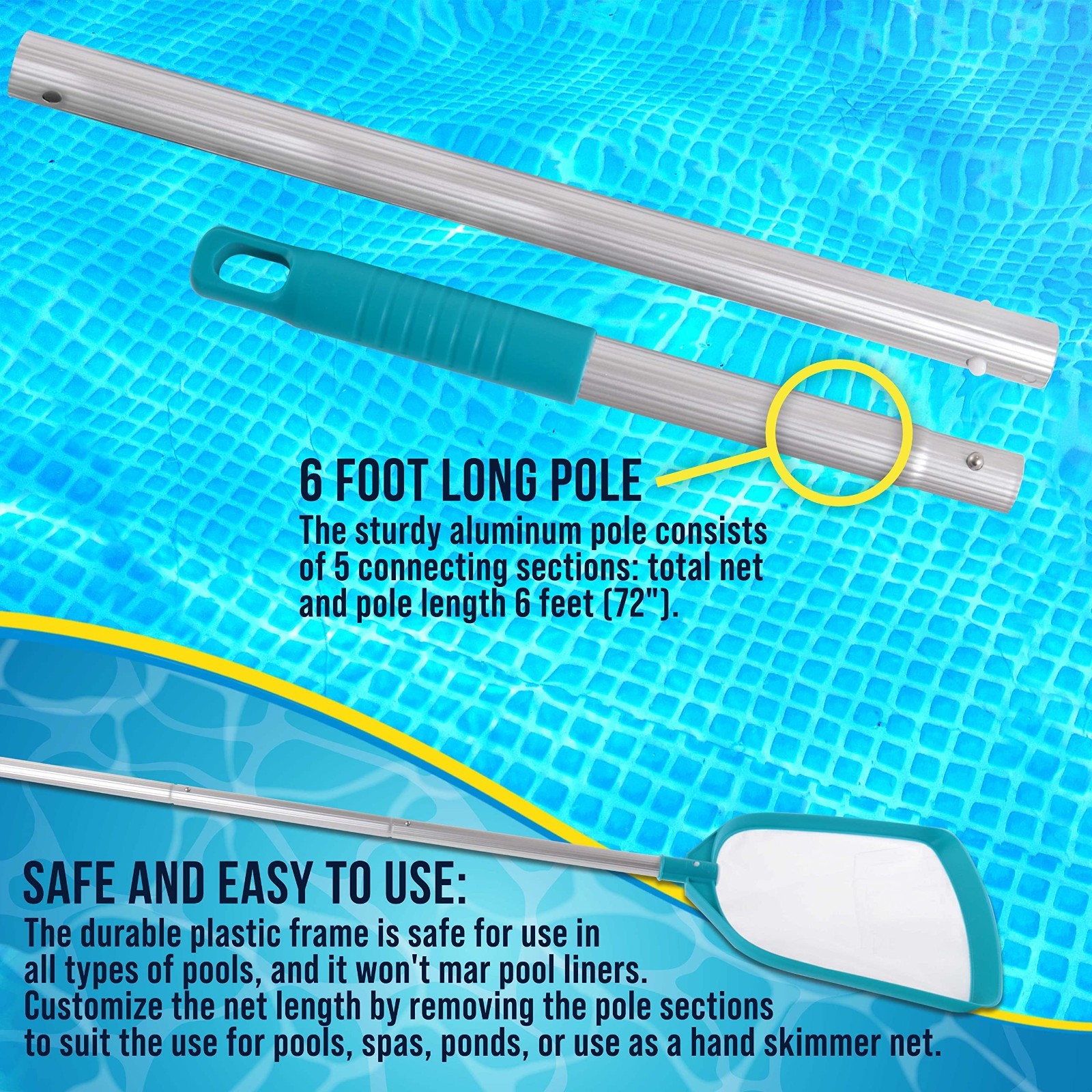 Heavy Duty Pool Skimmer Net, 5 Section Pole, Fast Debris Removal, Blue