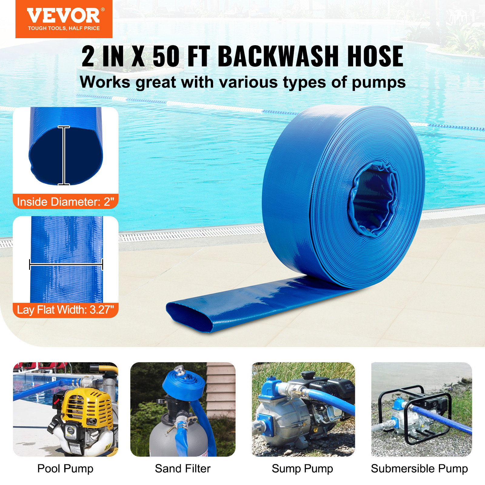 VEVOR Backwash Hose PVC Discharge Hose 2 in x 50 ft with Camlock C & E Fittings